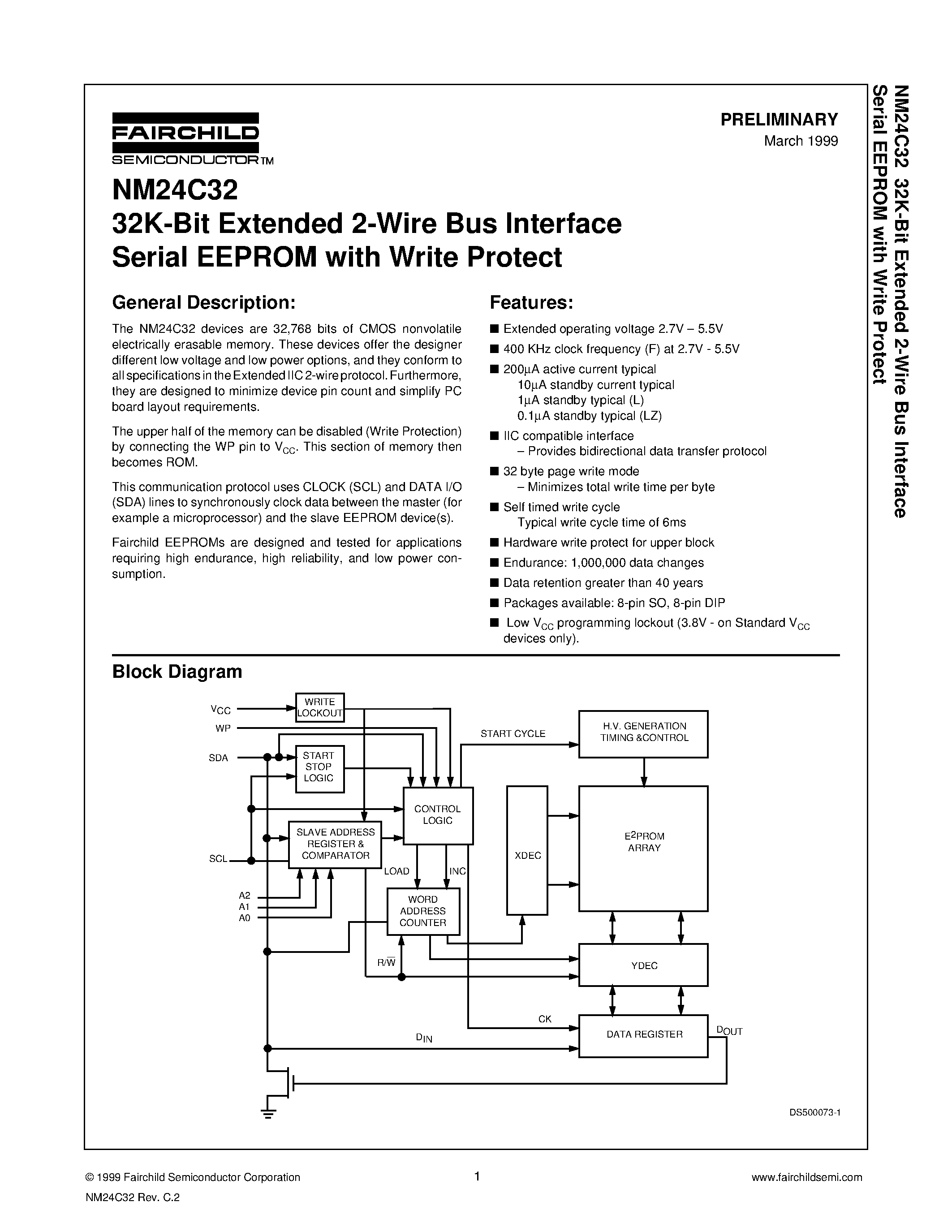 Datasheet NM24C32 - 32K-Bit Extended 2-Wire Bus Interface Serial EEPROM with Write Protect page 1
