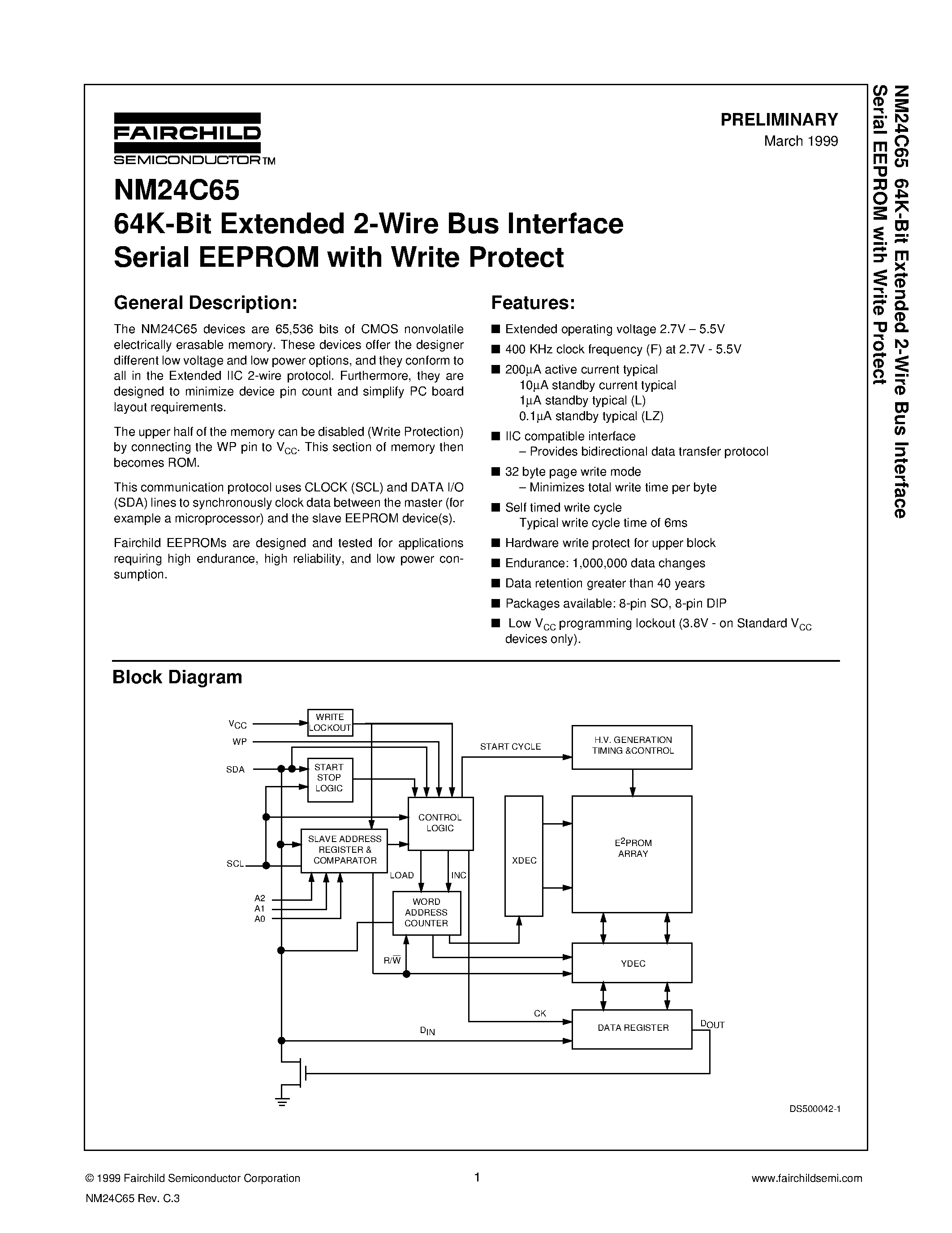 Datasheet NM24C65 - 64K-Bit Extended 2-Wire Bus Interface Serial EEPROM with Write Protect page 1