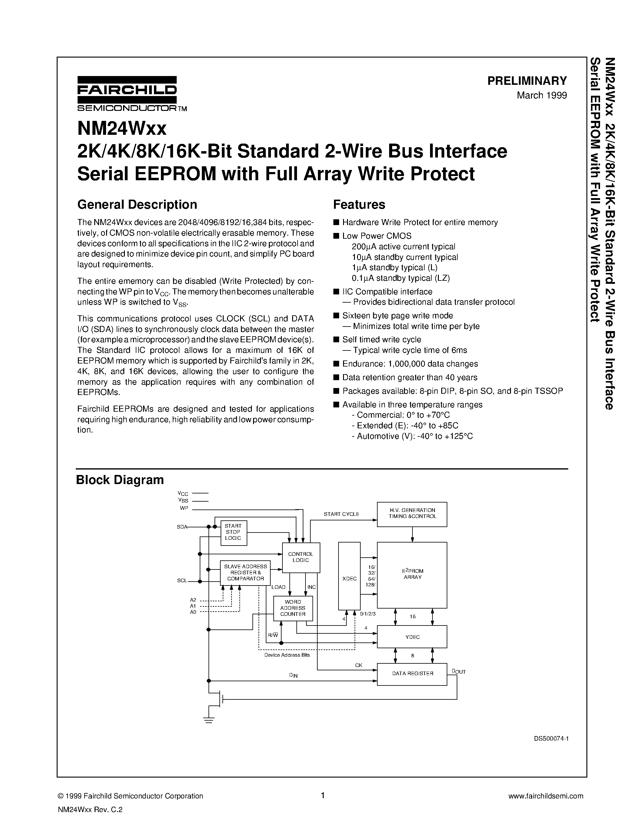 Datasheet NM24W08 - 2K/4K/8K/16K-Bit Standard 2-Wire Bus Interface Serial EEPROM with Full Array Write Protect page 1