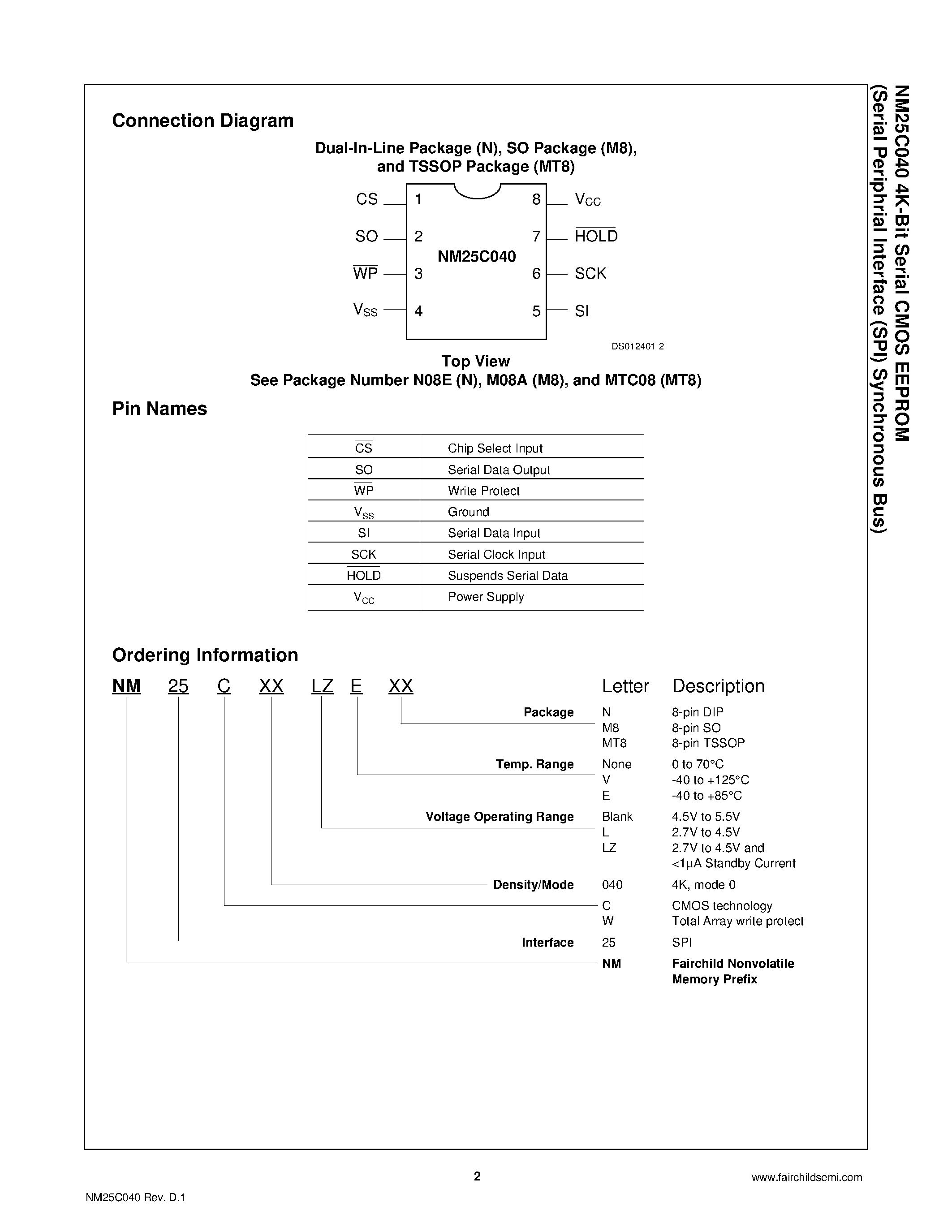 Datasheet NM25C040 page 2 Datasheet NM25C040 - 4K-Bit Serial CMOS EEPROM (Serial Peripheral Interface (SPI) Synchronous Bus) page 2