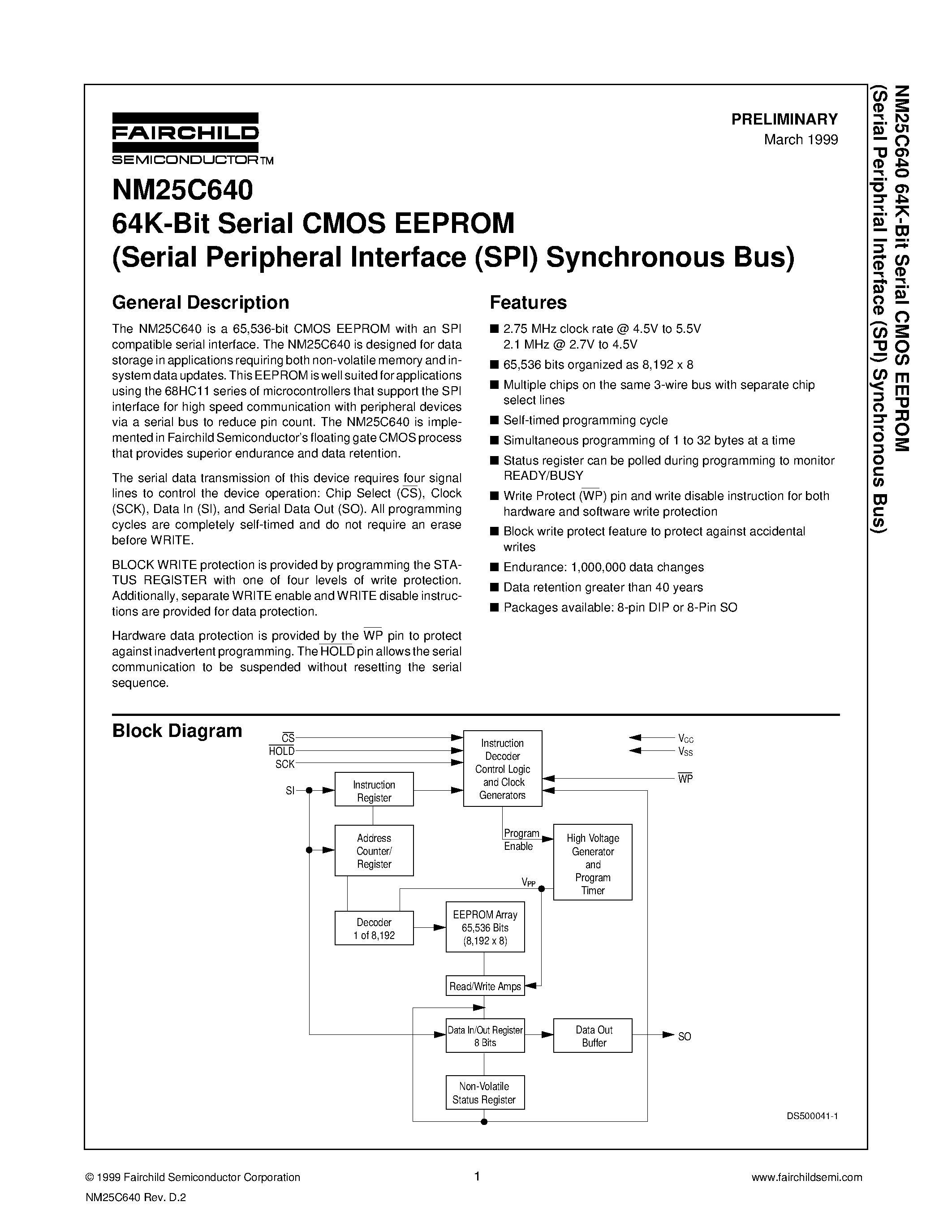 Datasheet NM25C640 - 64K-Bit Serial CMOS EEPROM (Serial Peripheral Interface (SPI) Synchronous Bus) page 1