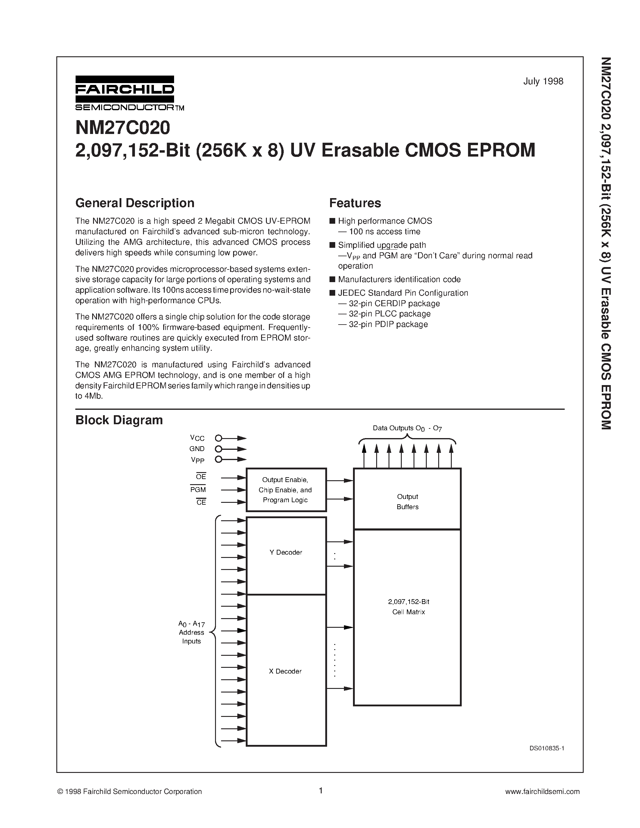 Даташит на микросхему NM27C020 страница 1 Даташит NM27C020 - 2 /097 /152-Bit (256K x 8) UV Erasable CMOS EPROM страница 1