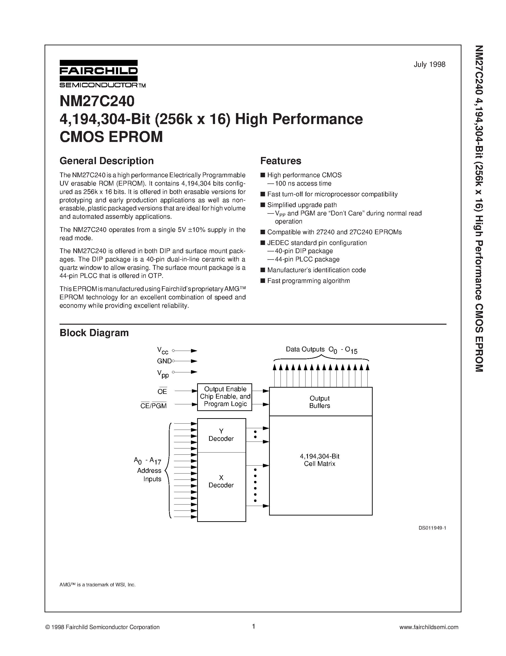 Даташит NM27C240 - 4 /194 /304-Bit (256k x 16) High Performance CMOS EPROM страница 1