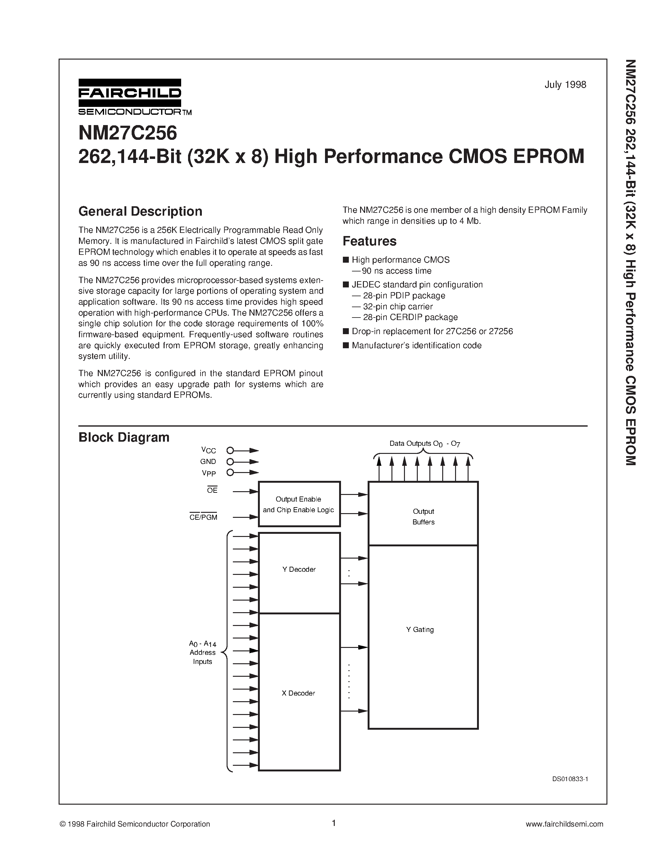 Даташит на микросхему NM27C256 страница 1 Даташит NM27C256 - 262 /144-Bit (32K x 8) High Performance CMOS EPROM страница 1