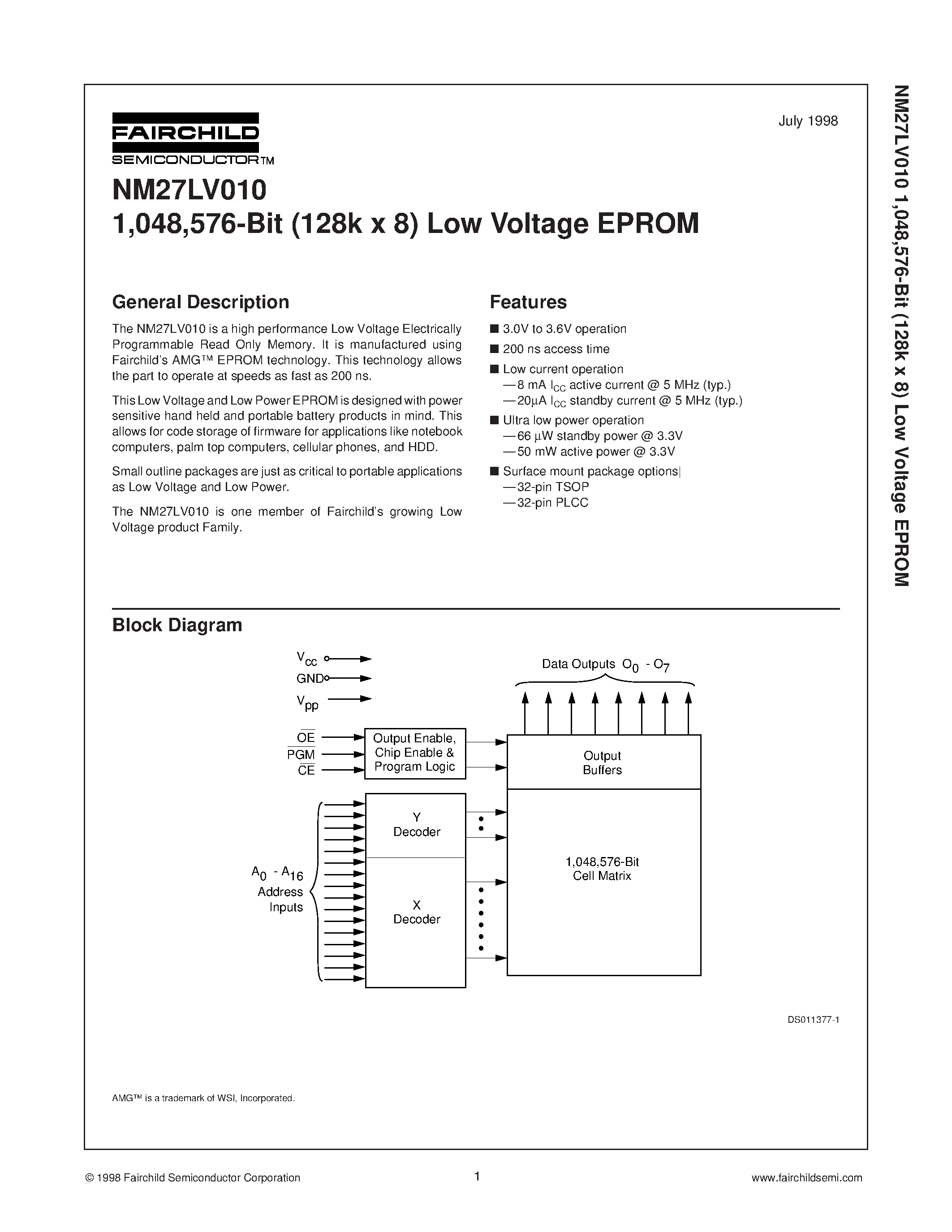 Даташит на микросхему NM27LV010 страница 1 Даташит NM27LV010 - 1 /048 /576-Bit (128k x 8) Low Voltage EPROM страница 1