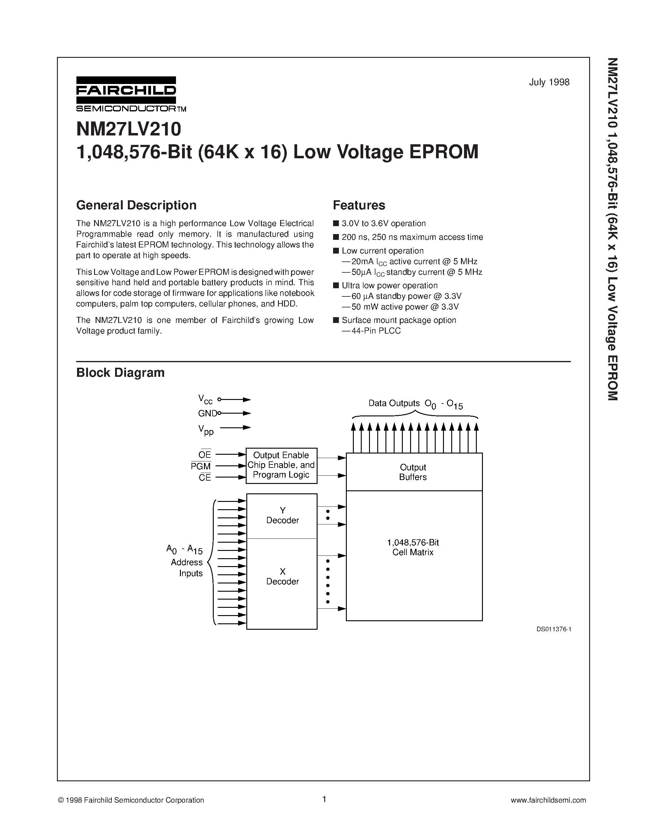 Даташит на микросхему NM27LV210 страница 1 Даташит NM27LV210 - 1 /048 /576-Bit (64K x 16) Low Voltage EPROM страница 1