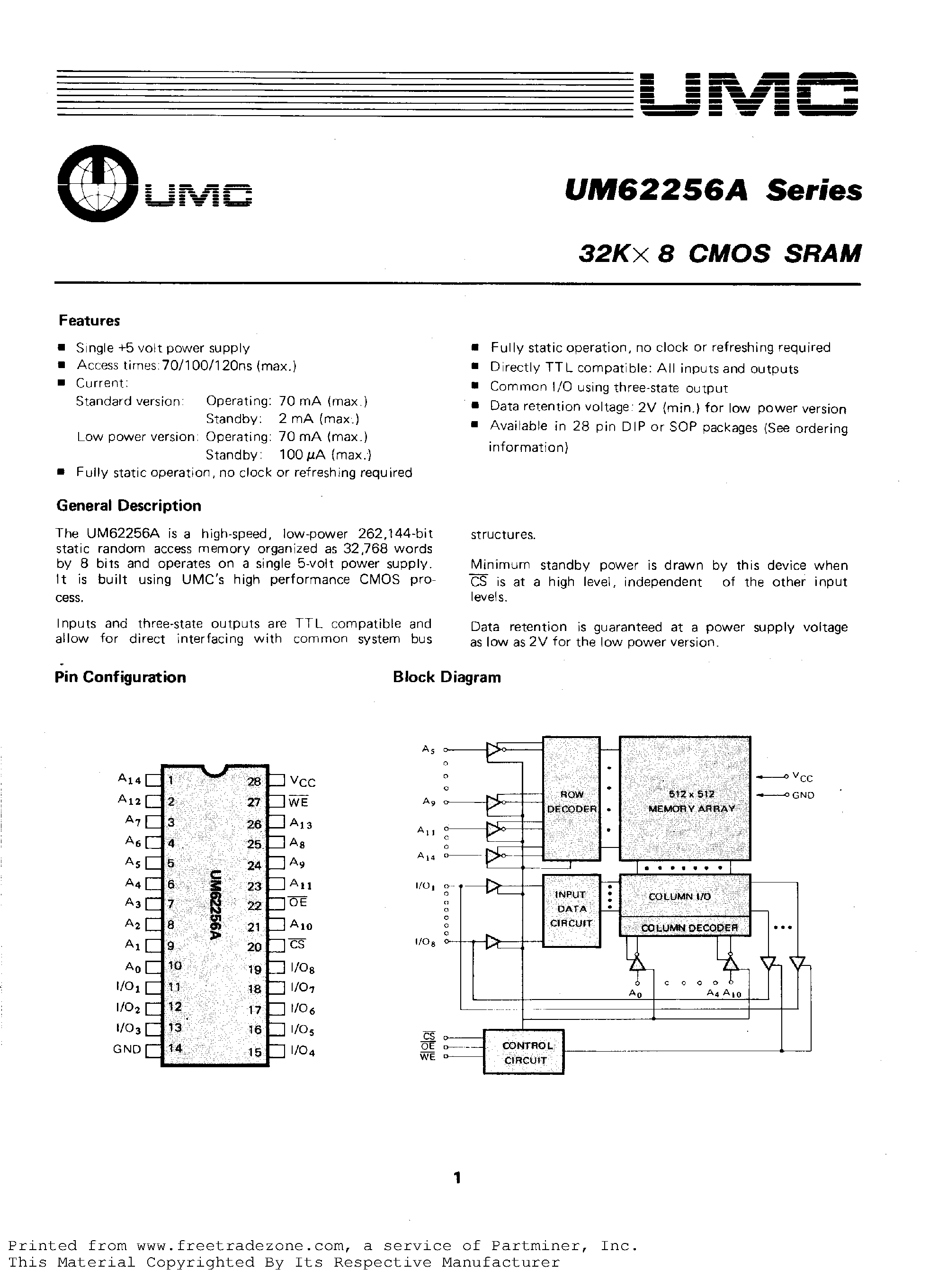 Даташит UM62256A - 32K x 8 CMOS SRAM страница 1