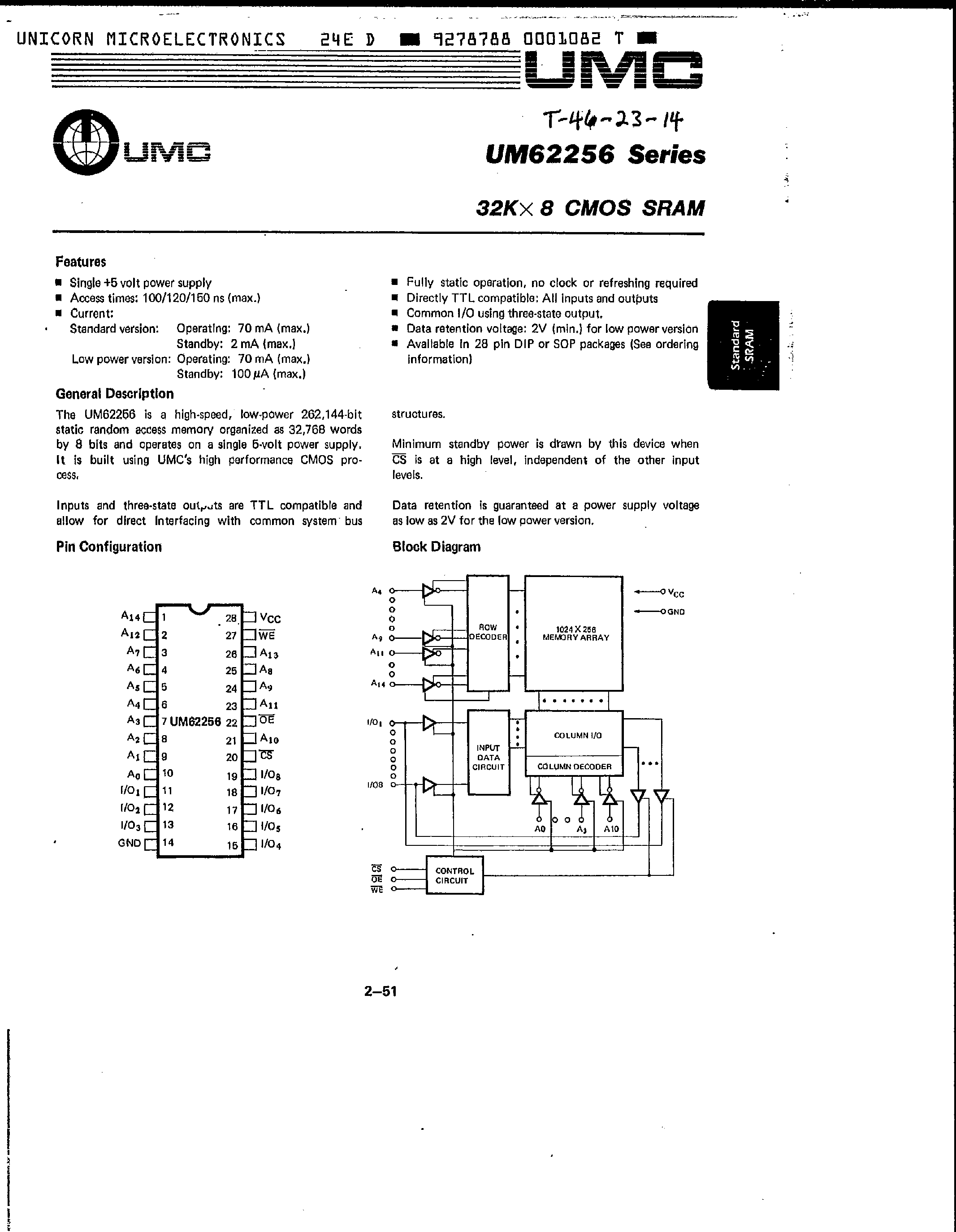 Datasheet UM62256 - 32K x 8 CMOS SRAM page 1
