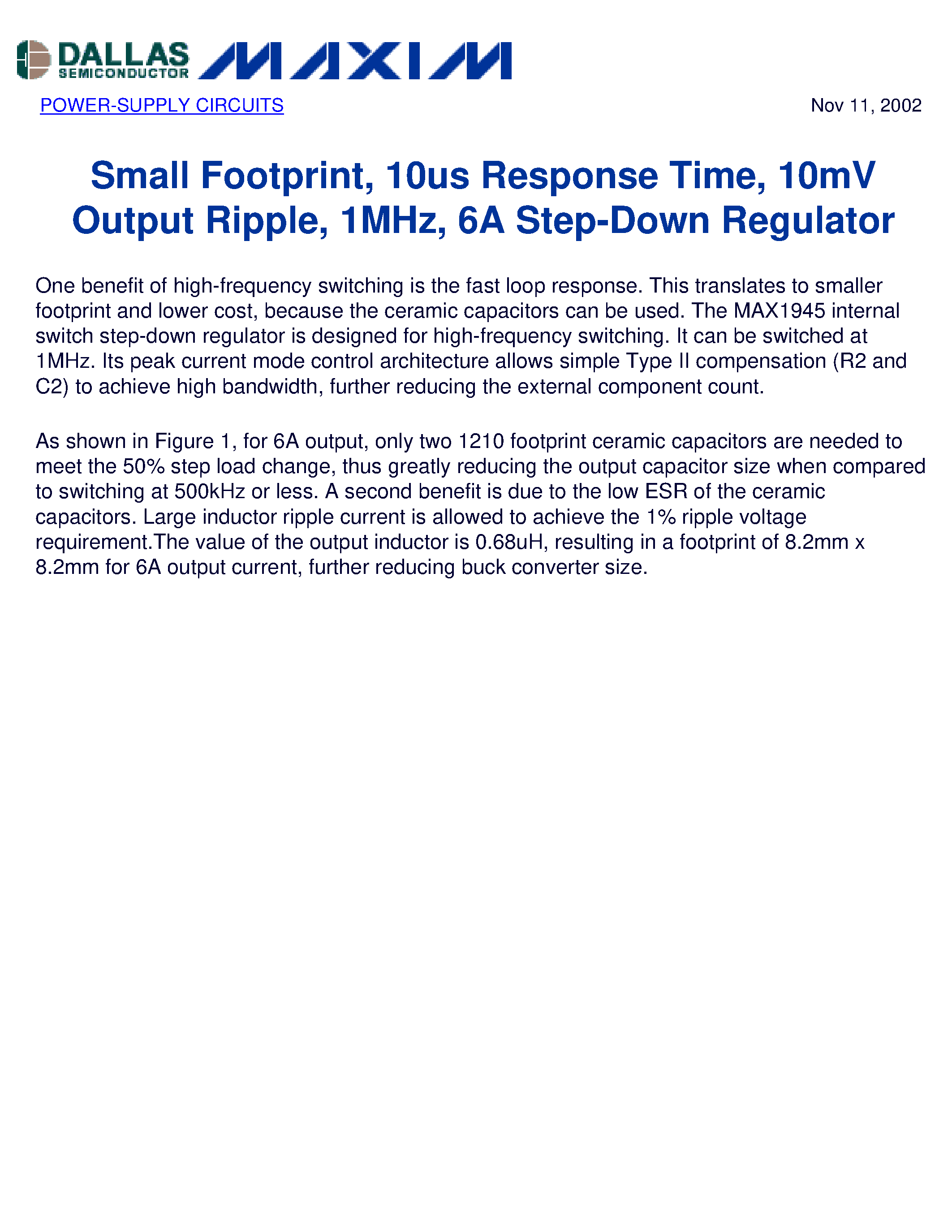 Даташит на микросхему AN1782 страница 1 Даташит AN1782 - Small Footprint / 10us Response Time / 10mV Output Ripple / 1MHz / 6A Step-Down Regulator страница 1