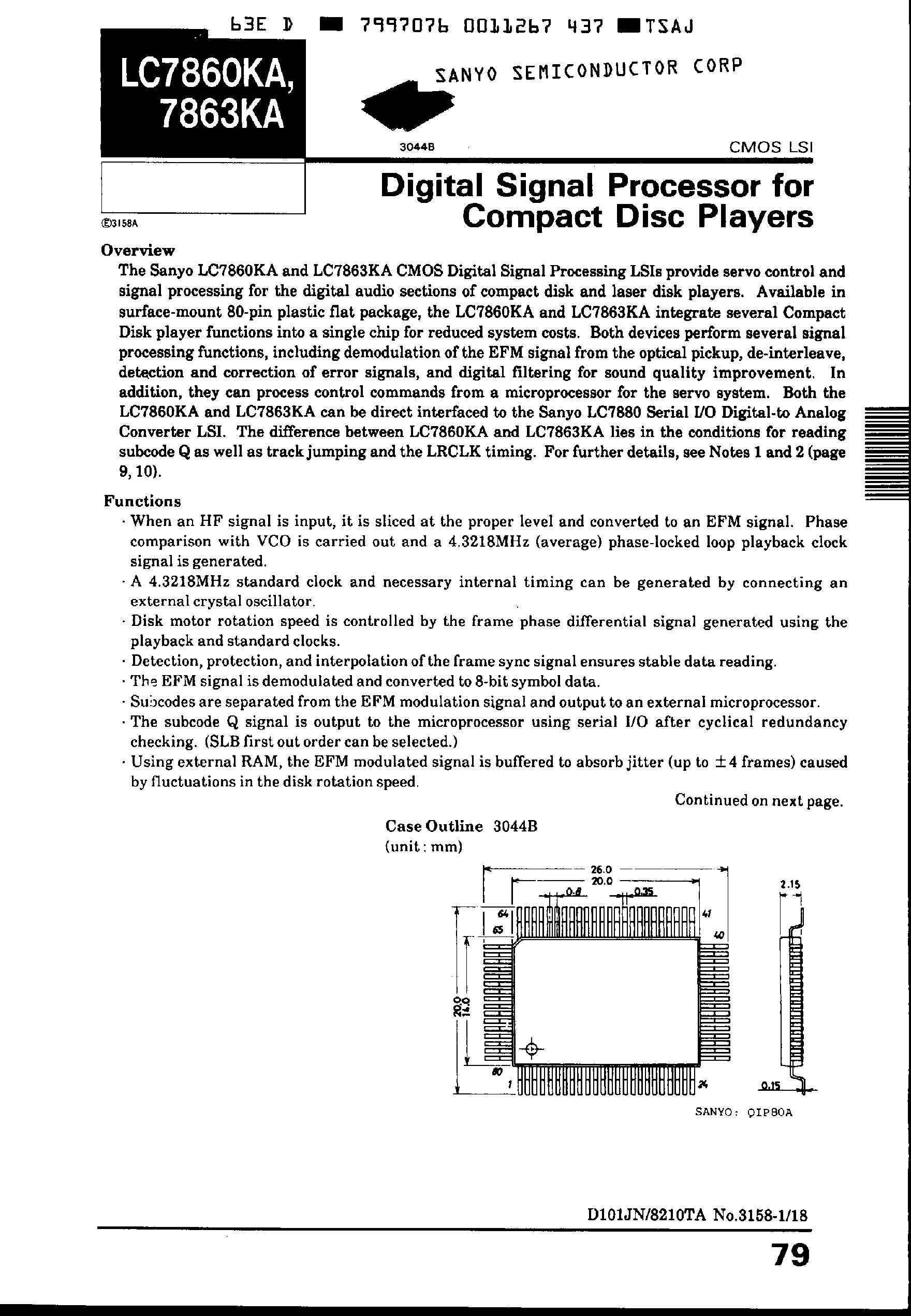 Datasheet LC7860KA - Digital Signal Processor for CDP page 1