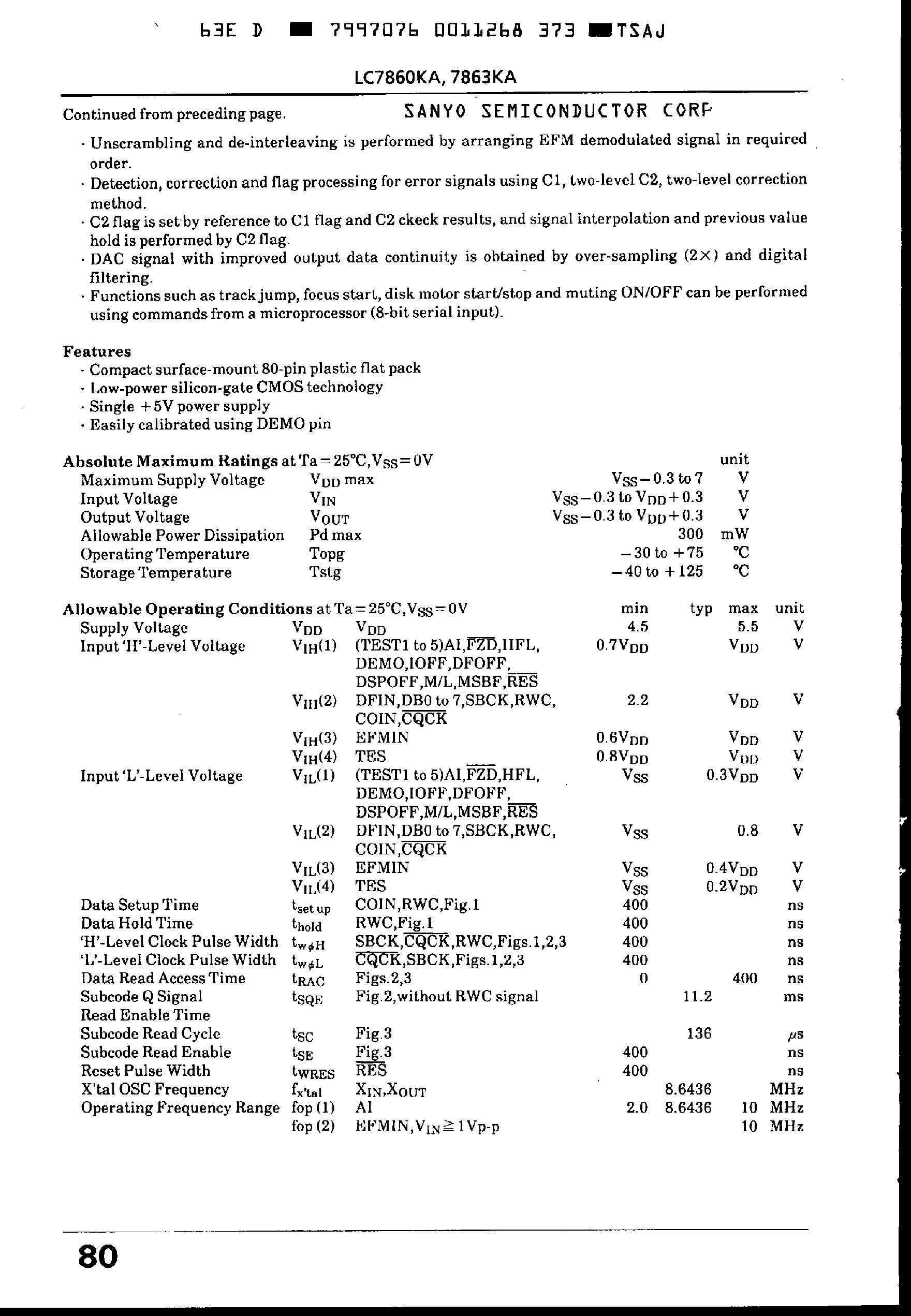 Даташит на микросхему LC7860KA страница 2 Даташит LC7860KA - Digital Signal Processor for CDP страница 2