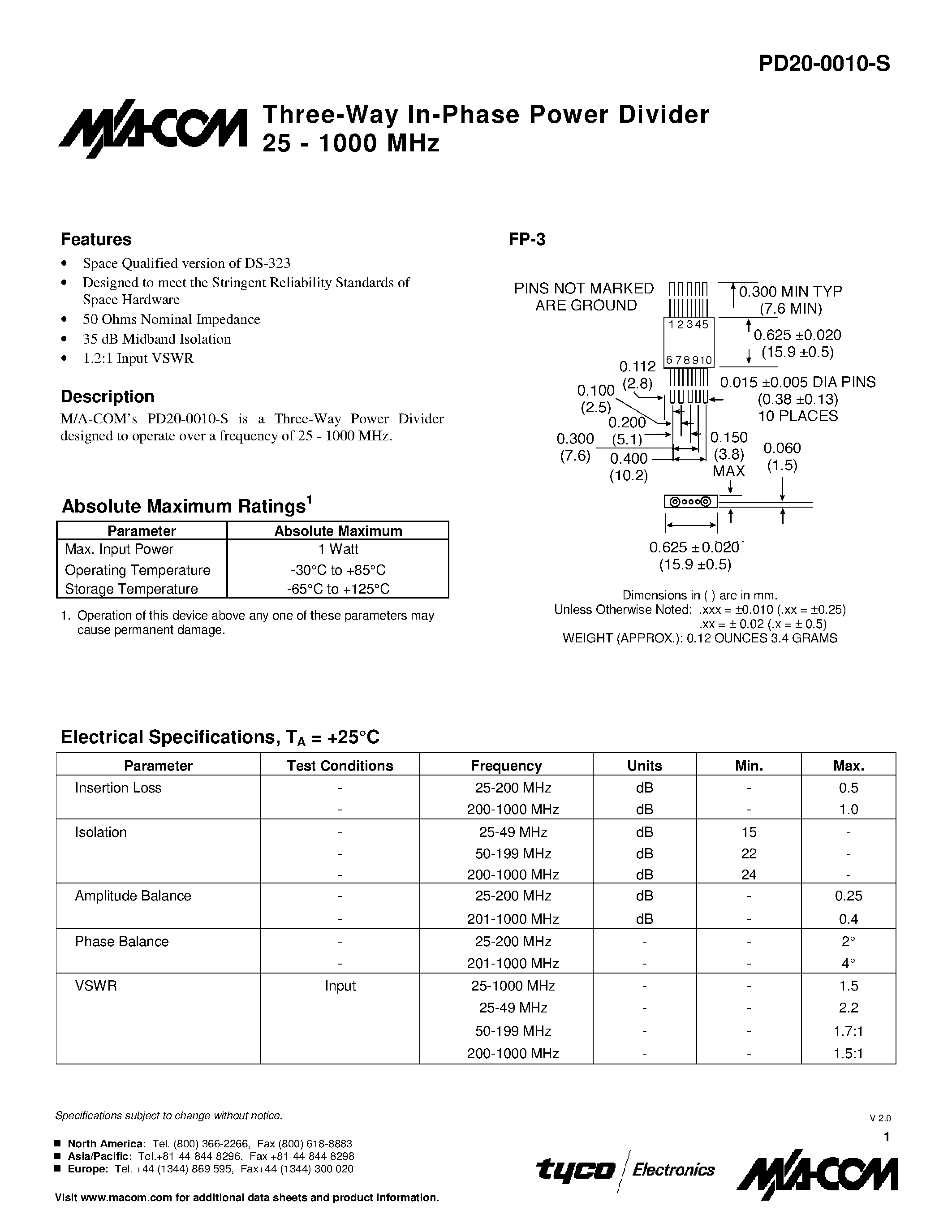 Datasheet PD20-0010-S - Three-Way In-Phase Power Divider 25 - 1000 MHz page 1