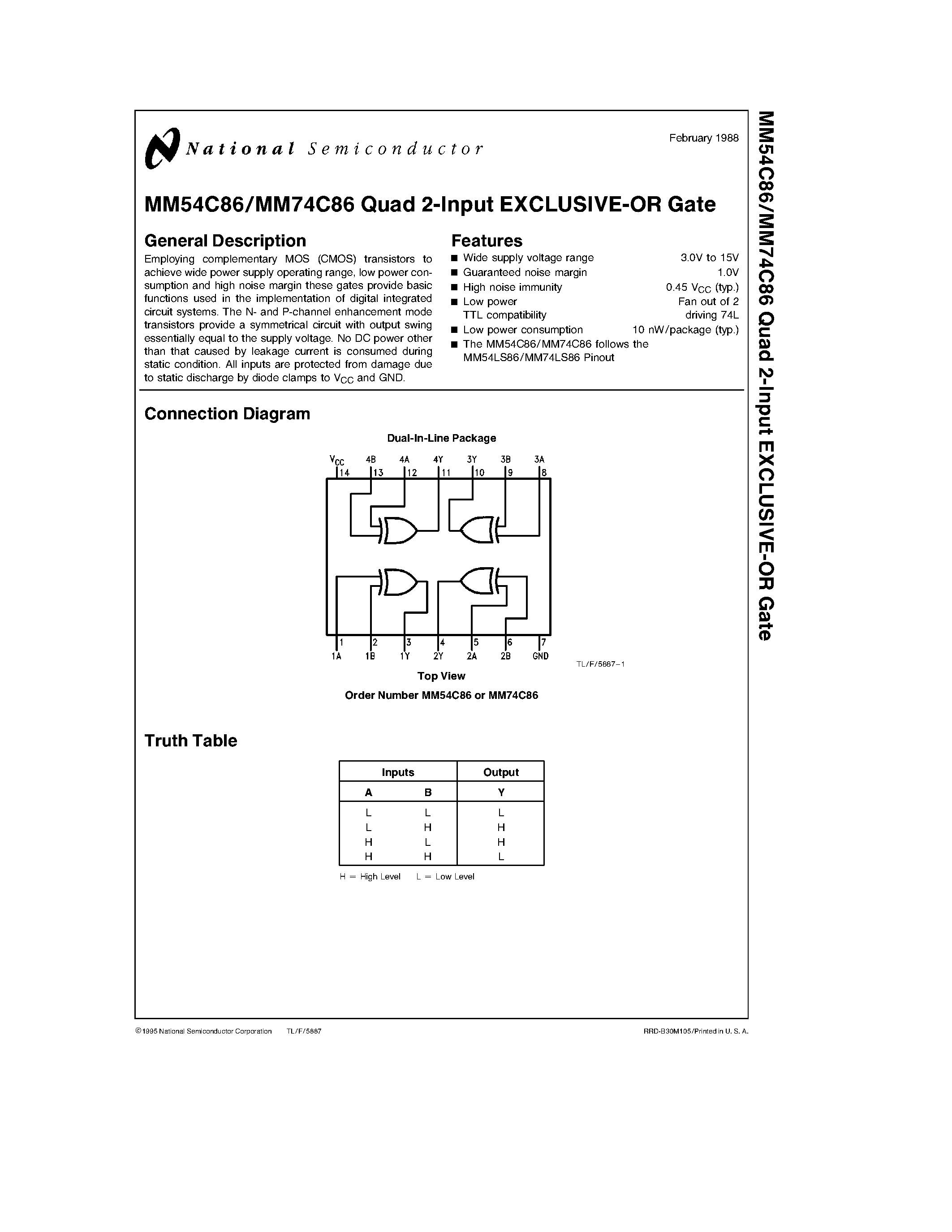 Даташит на микросхему MM54C86 страница 1 Даташит MM54C86 - Quad 2-Input EXCLUSIVE-OR Gate страница 1