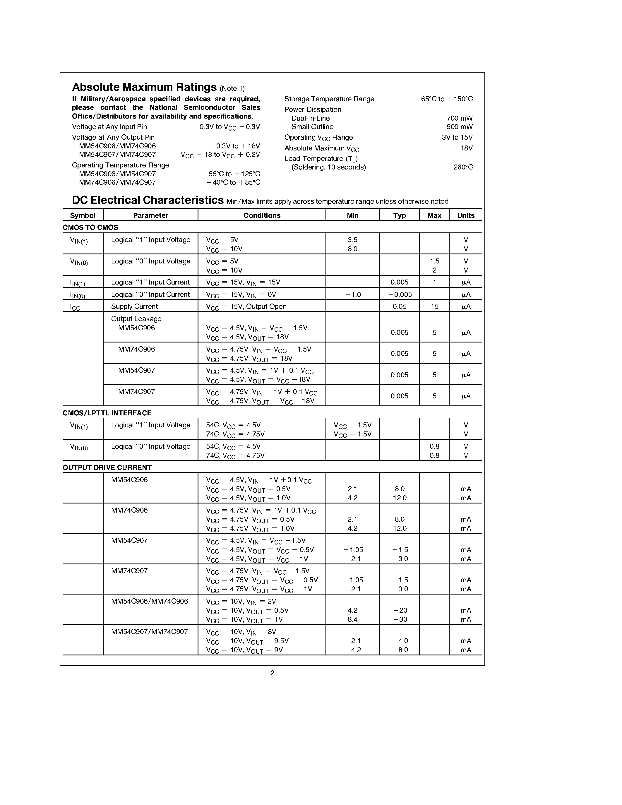 Datasheet MM54C907 - Hex Open Drain N / P-Channel Buffers page 2