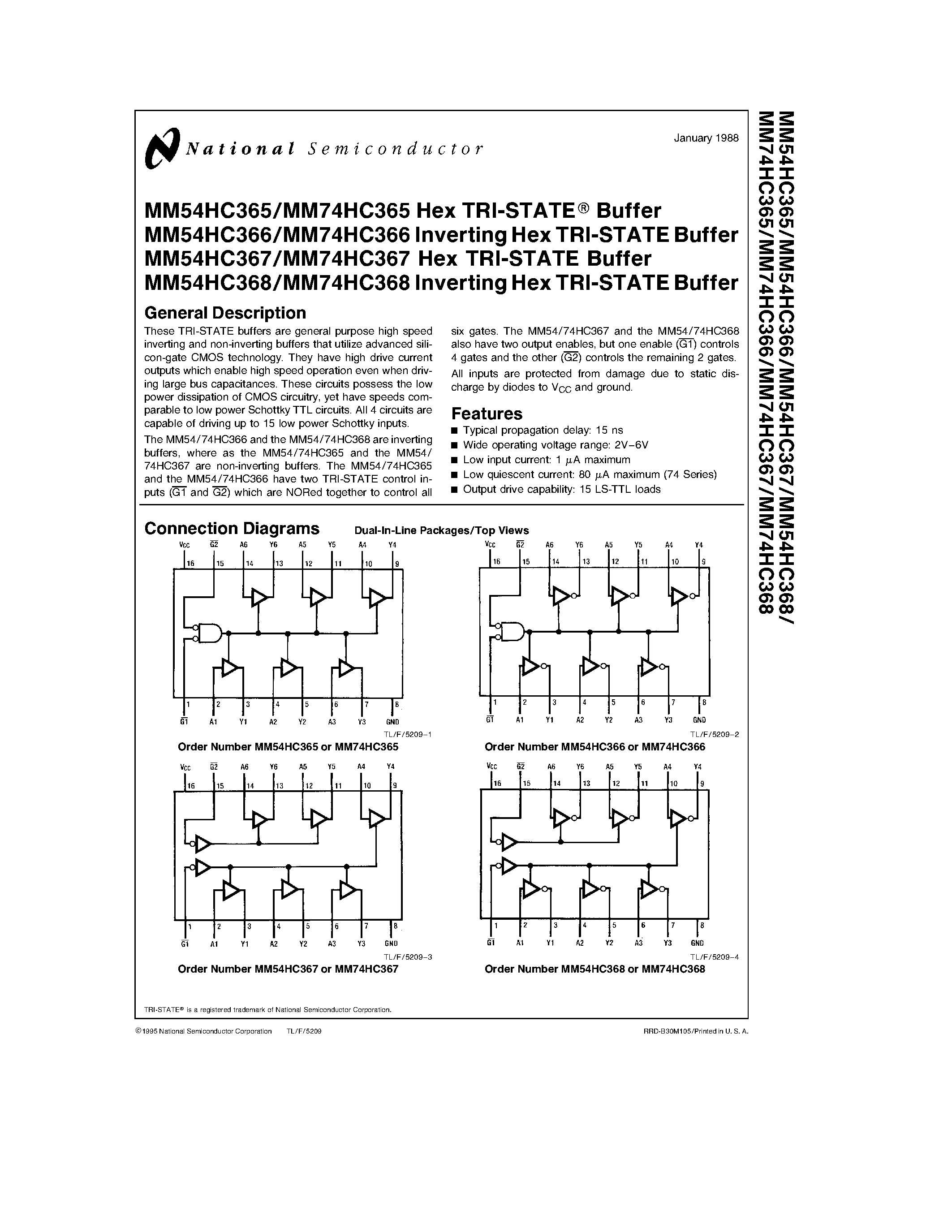 Datasheet MM54HC367 - Hex TRI-STATE Buffer Inverting Hex TRI-STATE Buffer Hex TRI-STATE Buffer Inverting Hex TRI-STATE Buffer page 1