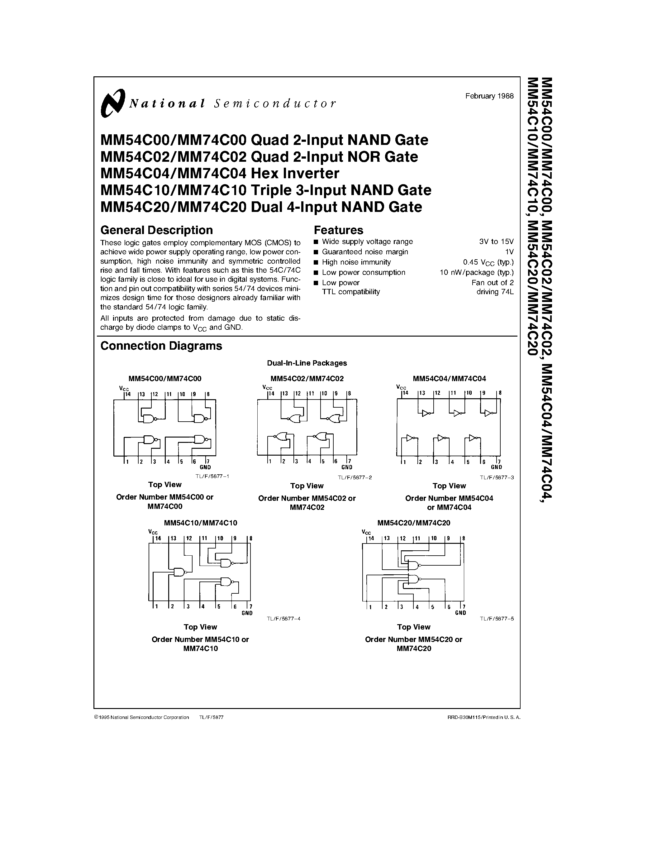 Datasheet MM74C02 - Quad 2-Input NAND Gate / Quad 2-Input NOR Gate / Hex Inverter / Triple 3-Input NAND Gate / Dual 4-Input NAND Gate page 1