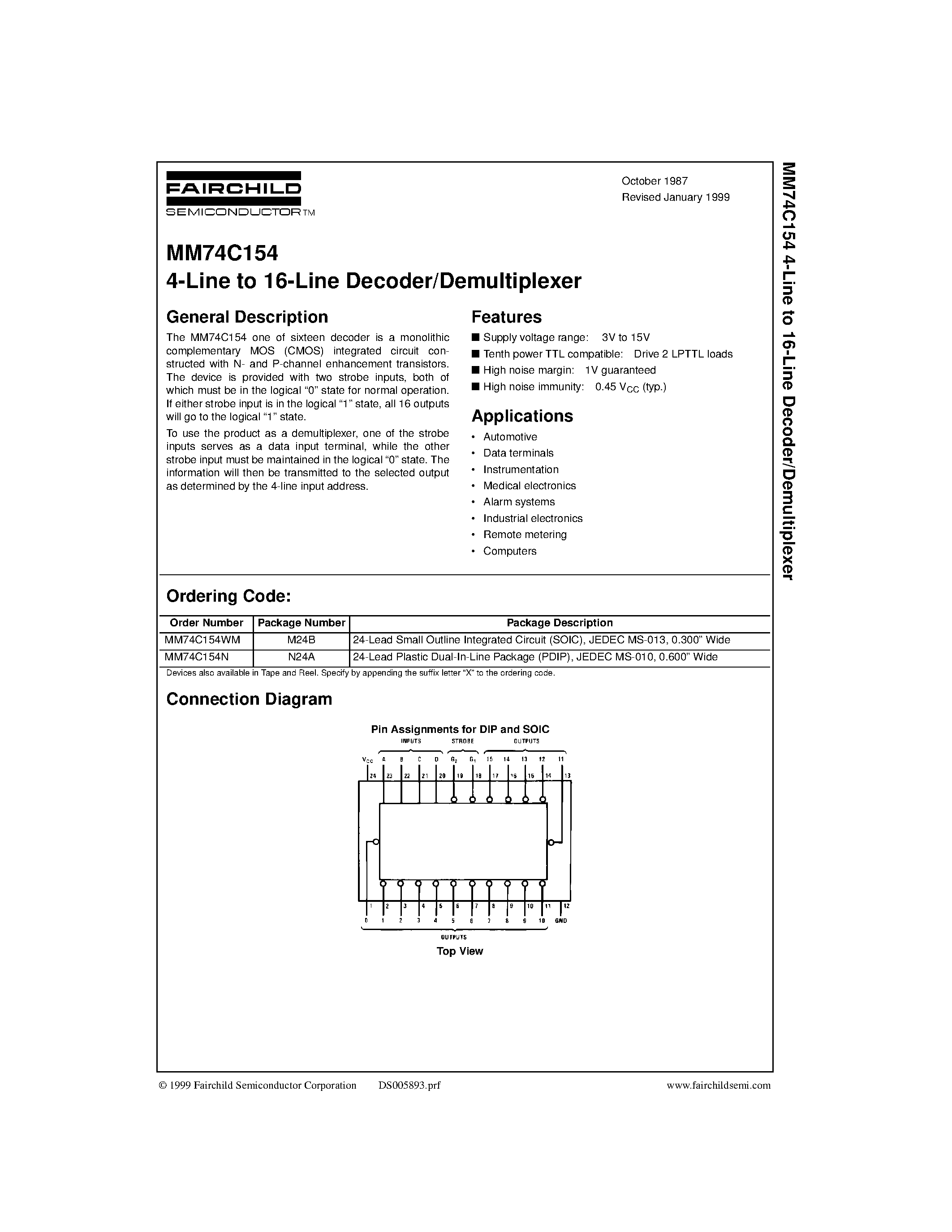 Datasheet MM74C154WM - 4-Line to 16-Line Decoder/Demultiplexer page 1