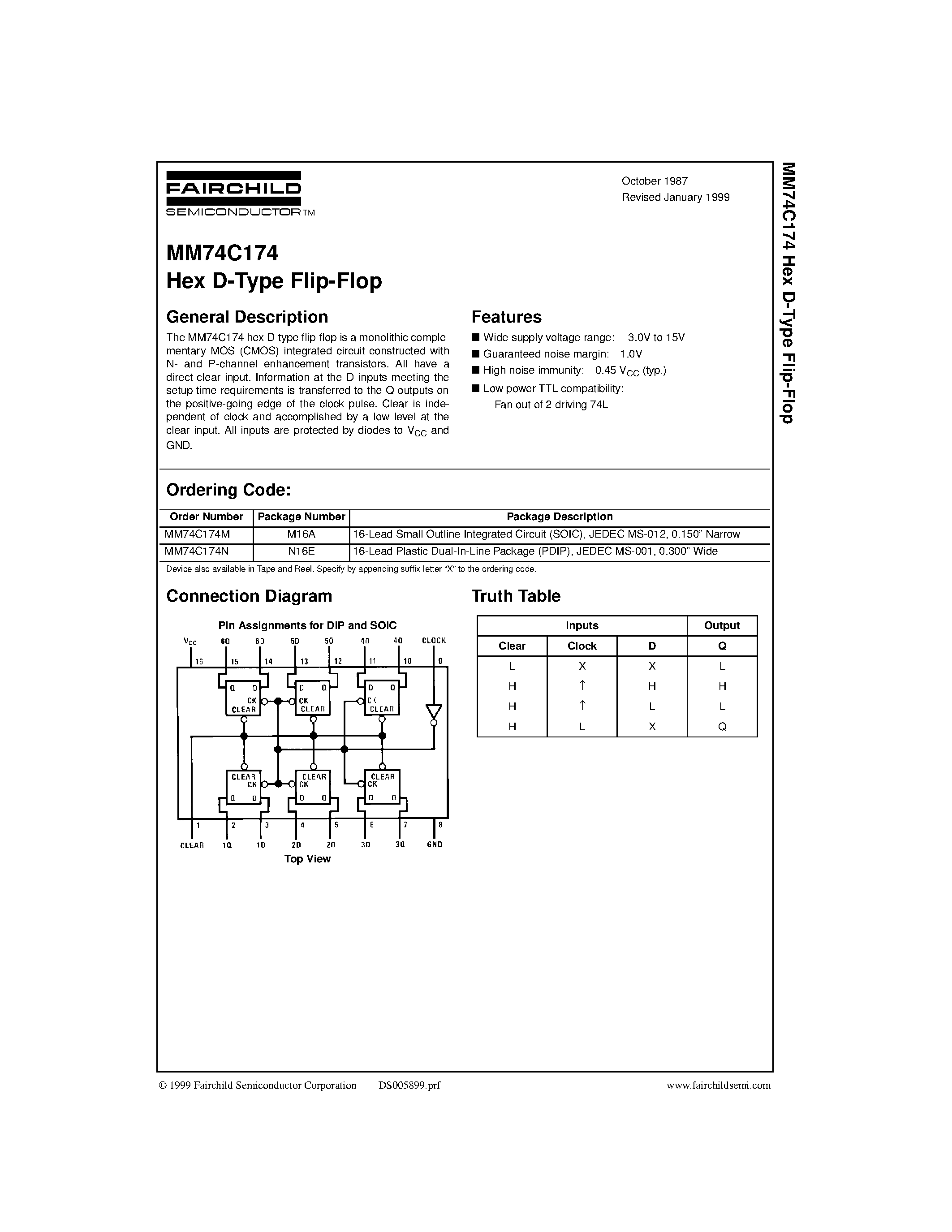 Datasheet MM74C174M - Hex D-Type Flip-Flop page 1