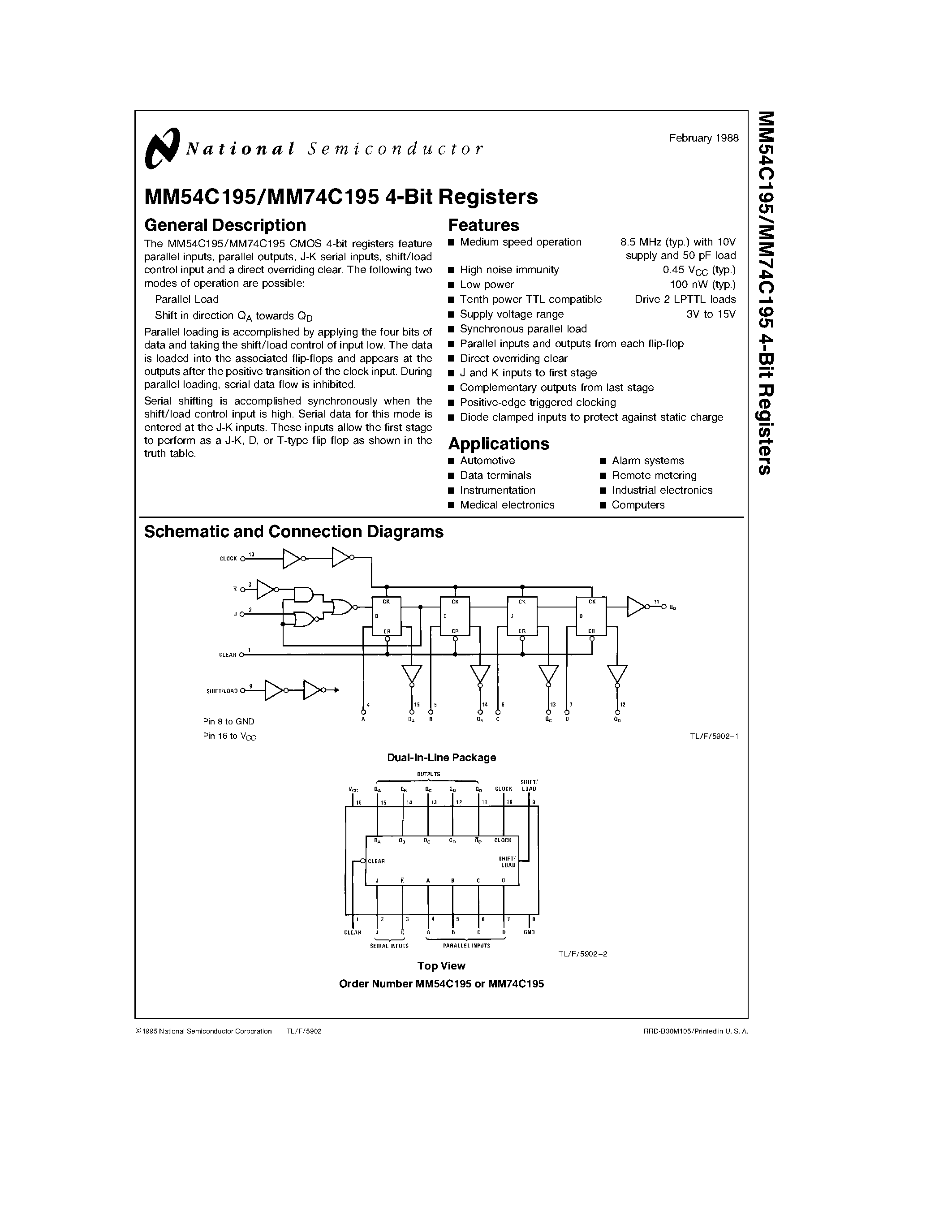 Datasheet MM74C195J - 4-Bit Registers page 1