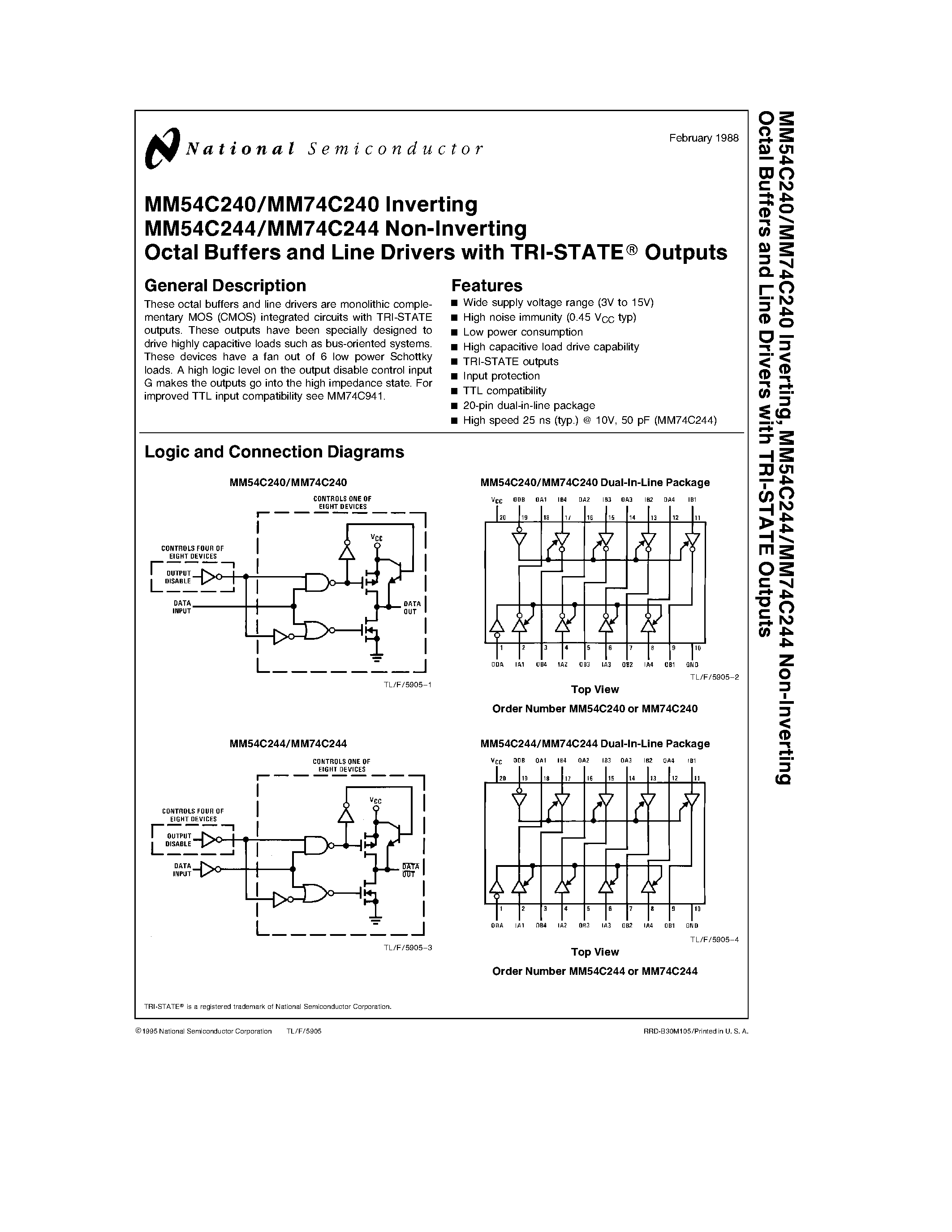 Datasheet MM74C240 - Octal Buffers and Line Drivers with TRI-STATE Outputs page 1
