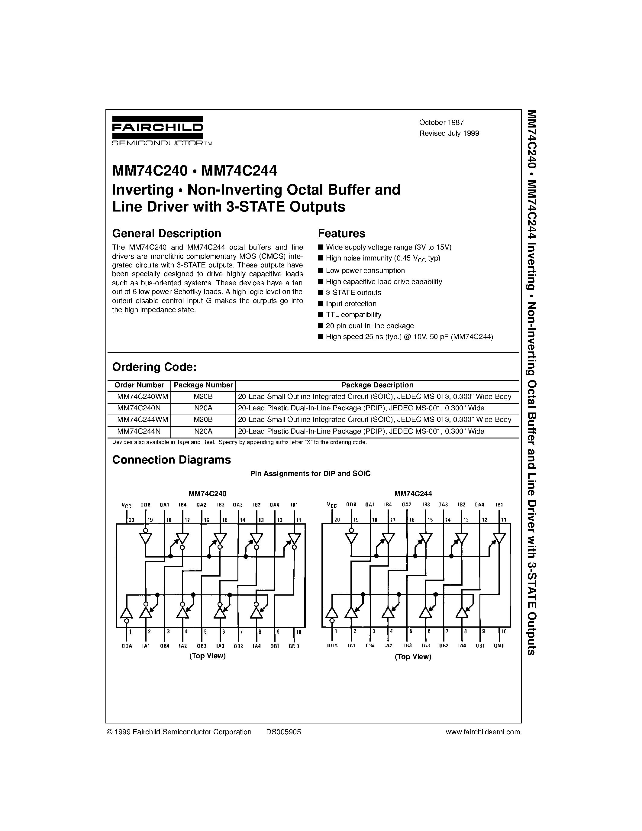Даташит MM74C240WM - Inverting . Non-Inverting Octal Buffer and Line Driver with 3-STATE Outputs страница 1