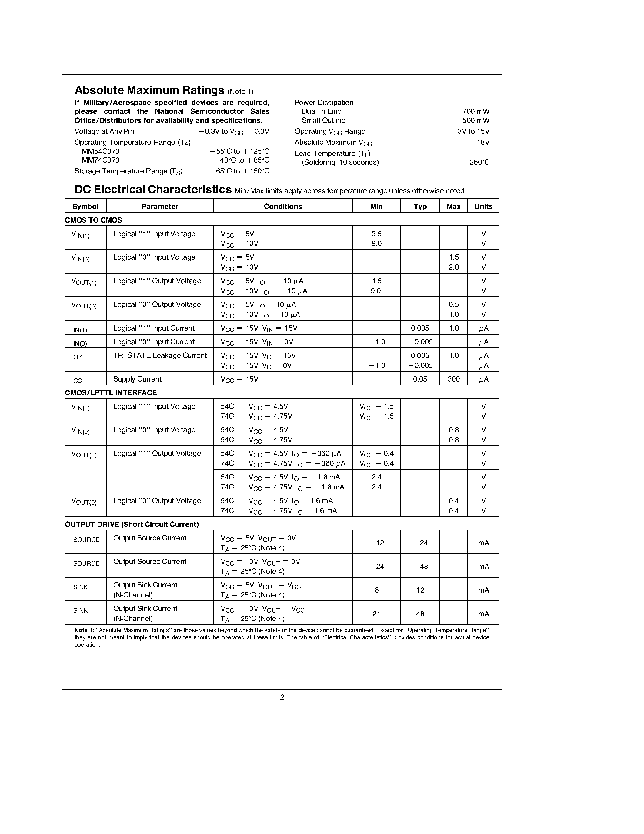 Даташит MM74C373 - Octal D-Type Latch Octal D-Type Flip-Flop страница 2
