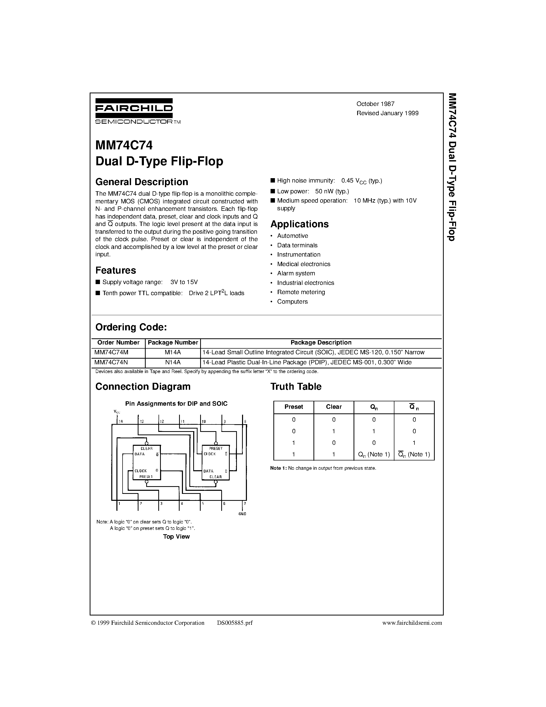 Datasheet MM74C74 page 1 Datasheet MM74C74 - Dual D-Type Flip-Flop page 1