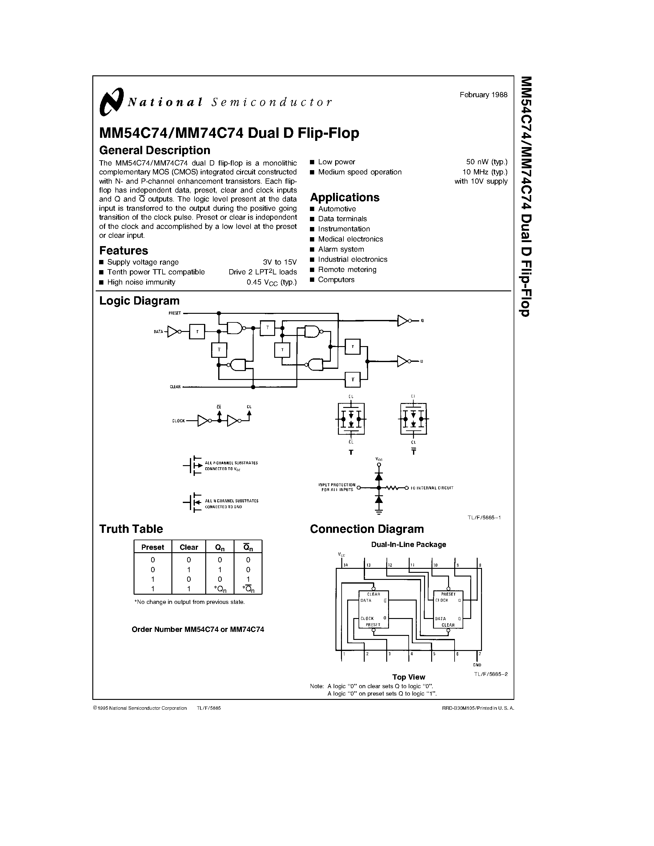 Datasheet MM74C74 - Dual D Flip-Flop page 1