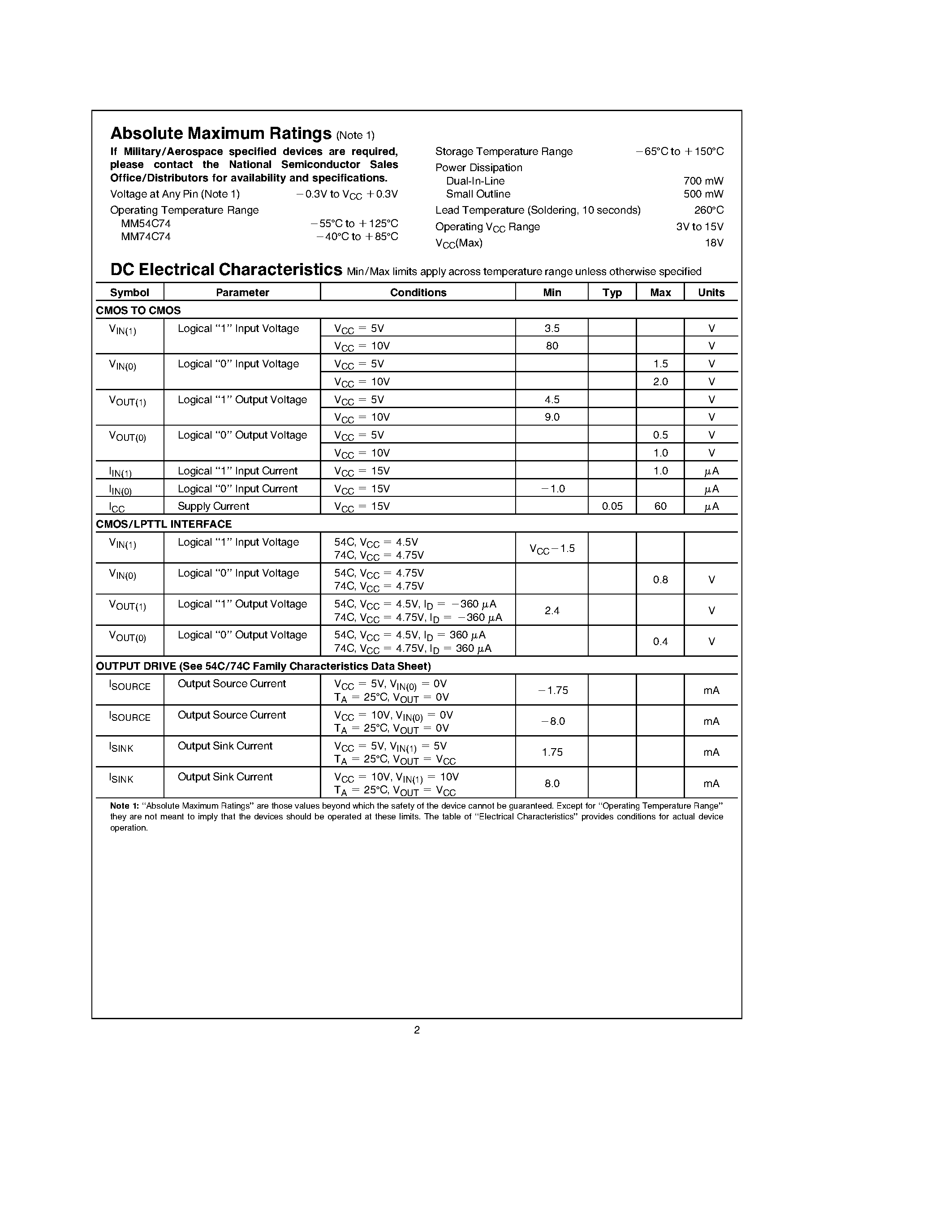 Datasheet MM74C74 - Dual D Flip-Flop page 2