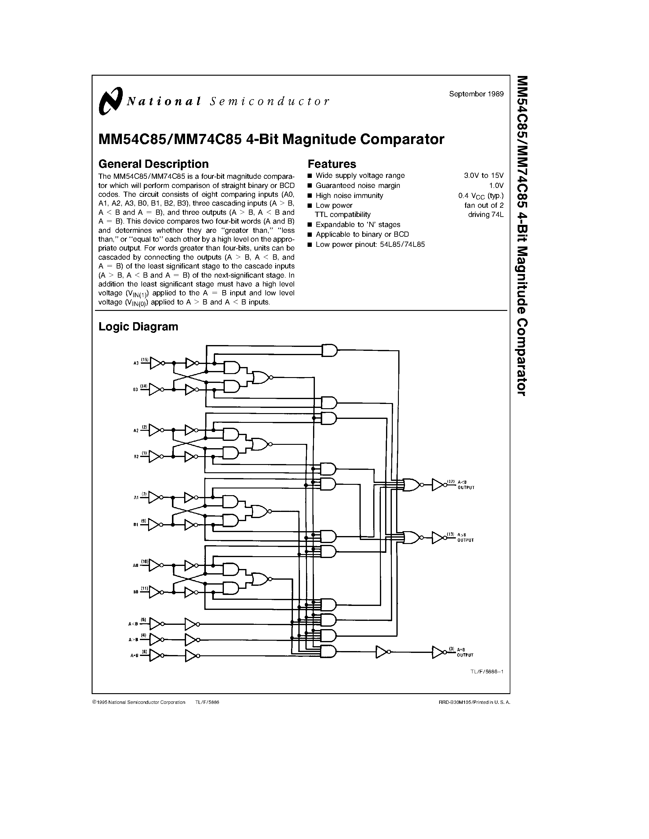 Datasheet MM74C85N - 4-Bit Magnitude Comparator page 1