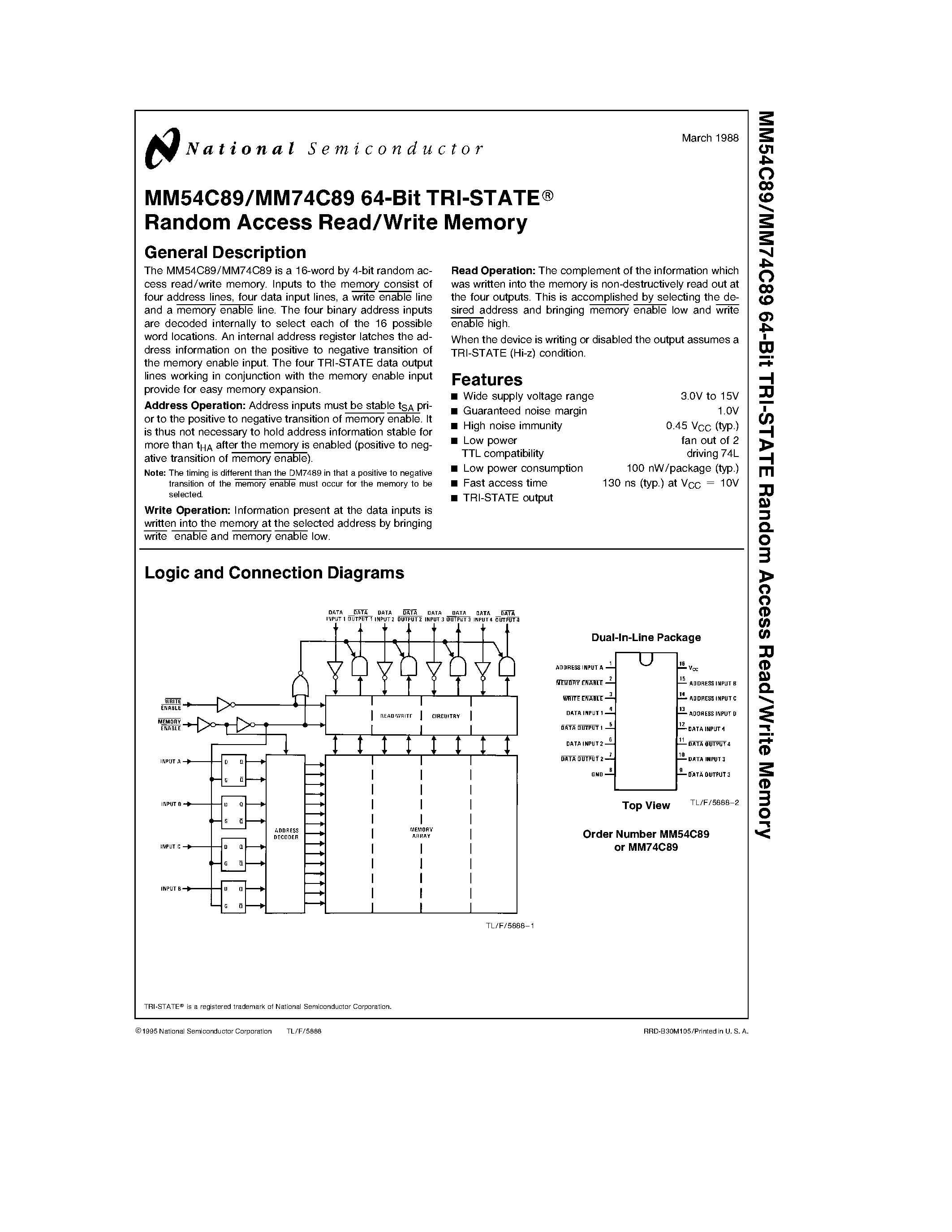 Datasheet MM74C89 - 64-Bit TRI-STATE Random Access Read/Write Memory page 1