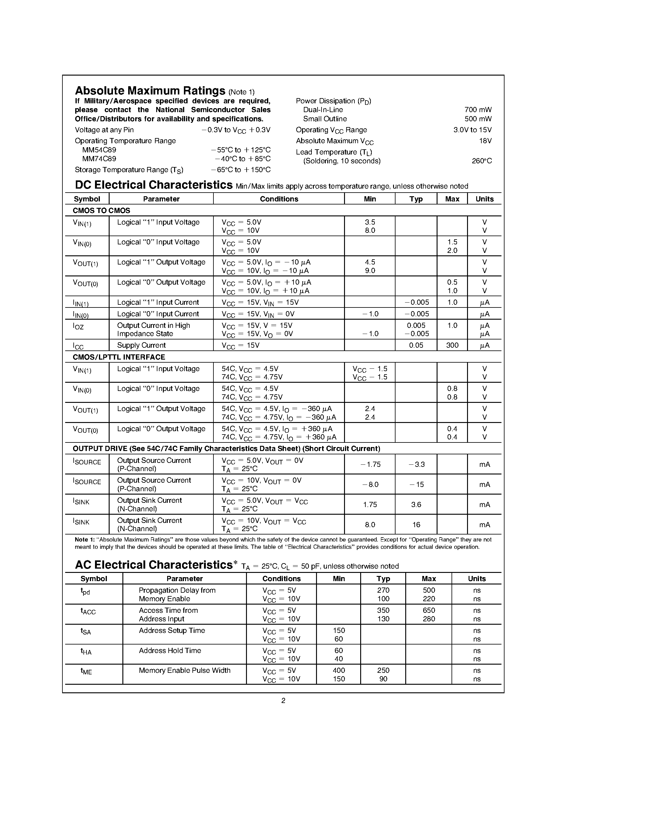 Datasheet MM74C89 - 64-Bit TRI-STATE Random Access Read/Write Memory page 2