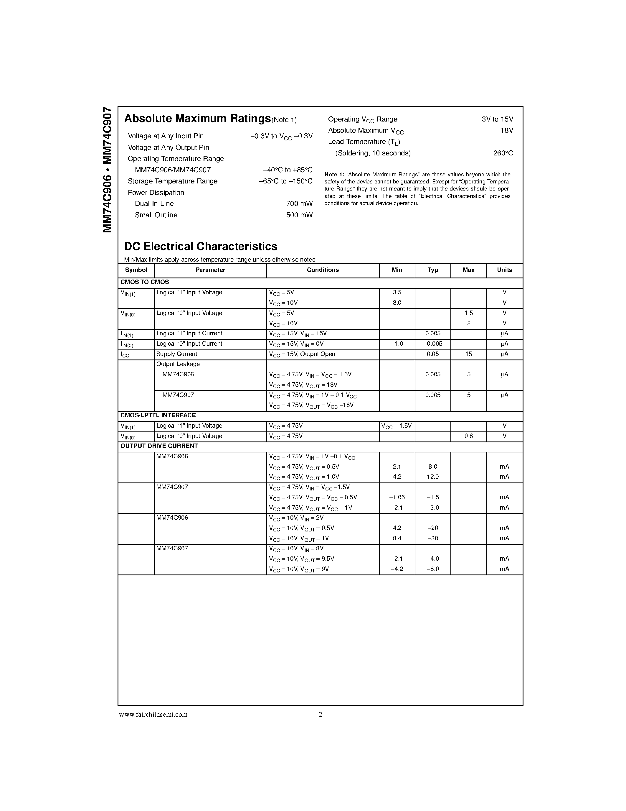 Datasheet MM74C907N - Hex Open Drain N-Channel Buffers . Hex Open Drain P-Channel Buffers page 2
