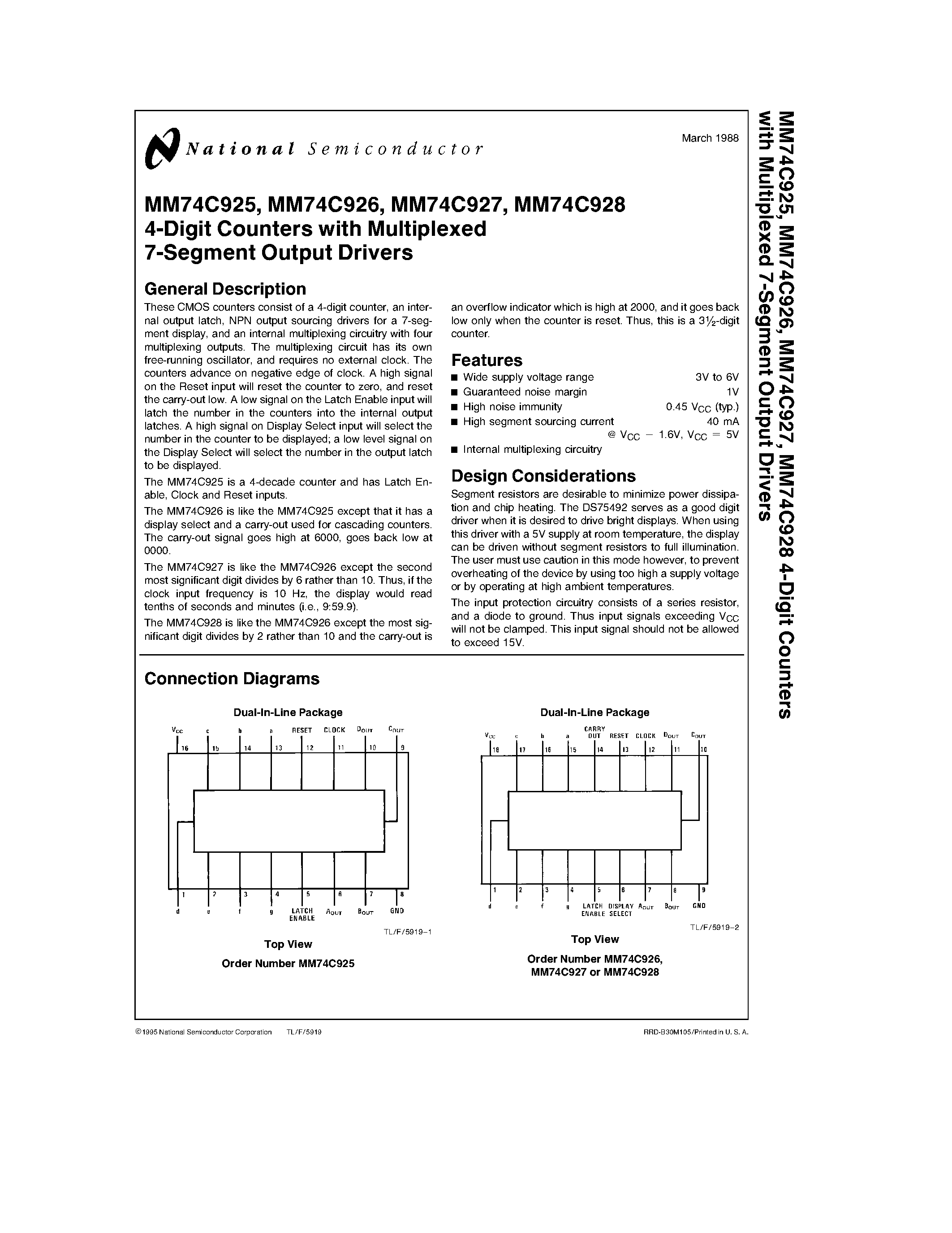 Datasheet MM74C926 - 4-Digit Counters with Multiplexed 7-Segment Output Drivers page 1