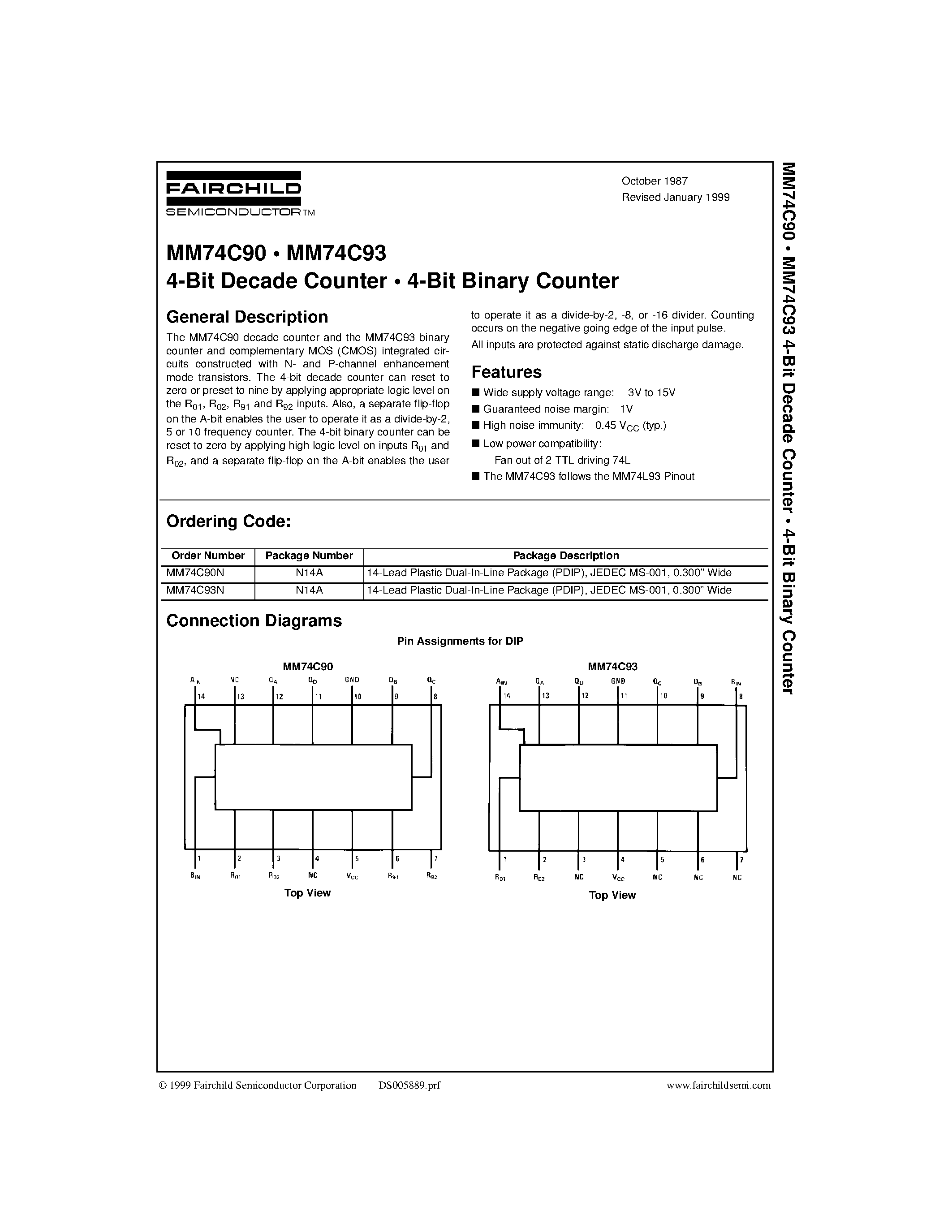 Datasheet MM74C93N - 4-Bit Decade Counter 4-Bit Binary Counter page 1