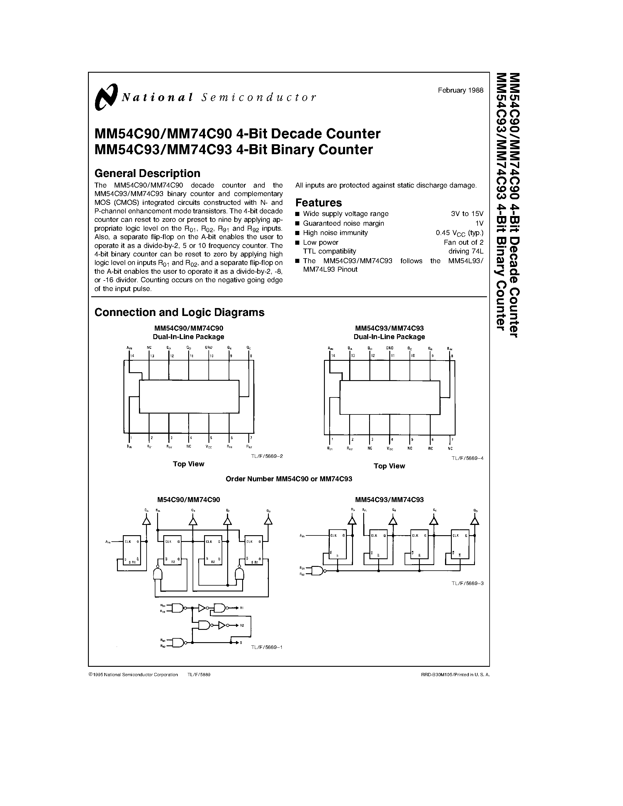 Даташит MM74C93N - 4-Bit Decade / Binary Counter страница 1