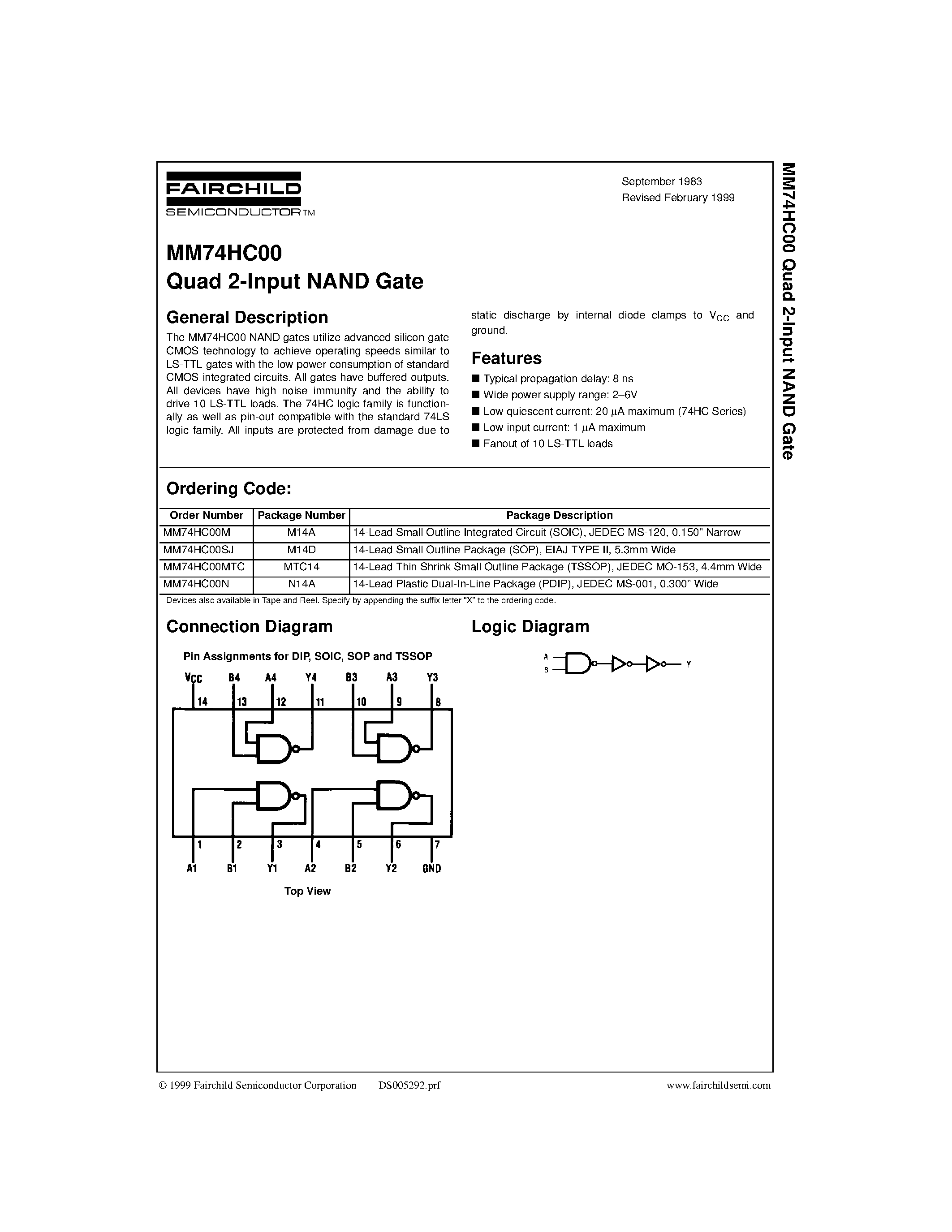 Даташит на микросхему MM74HC00N страница 1 Даташит MM74HC00N - Quad 2-Input NAND Gate страница 1