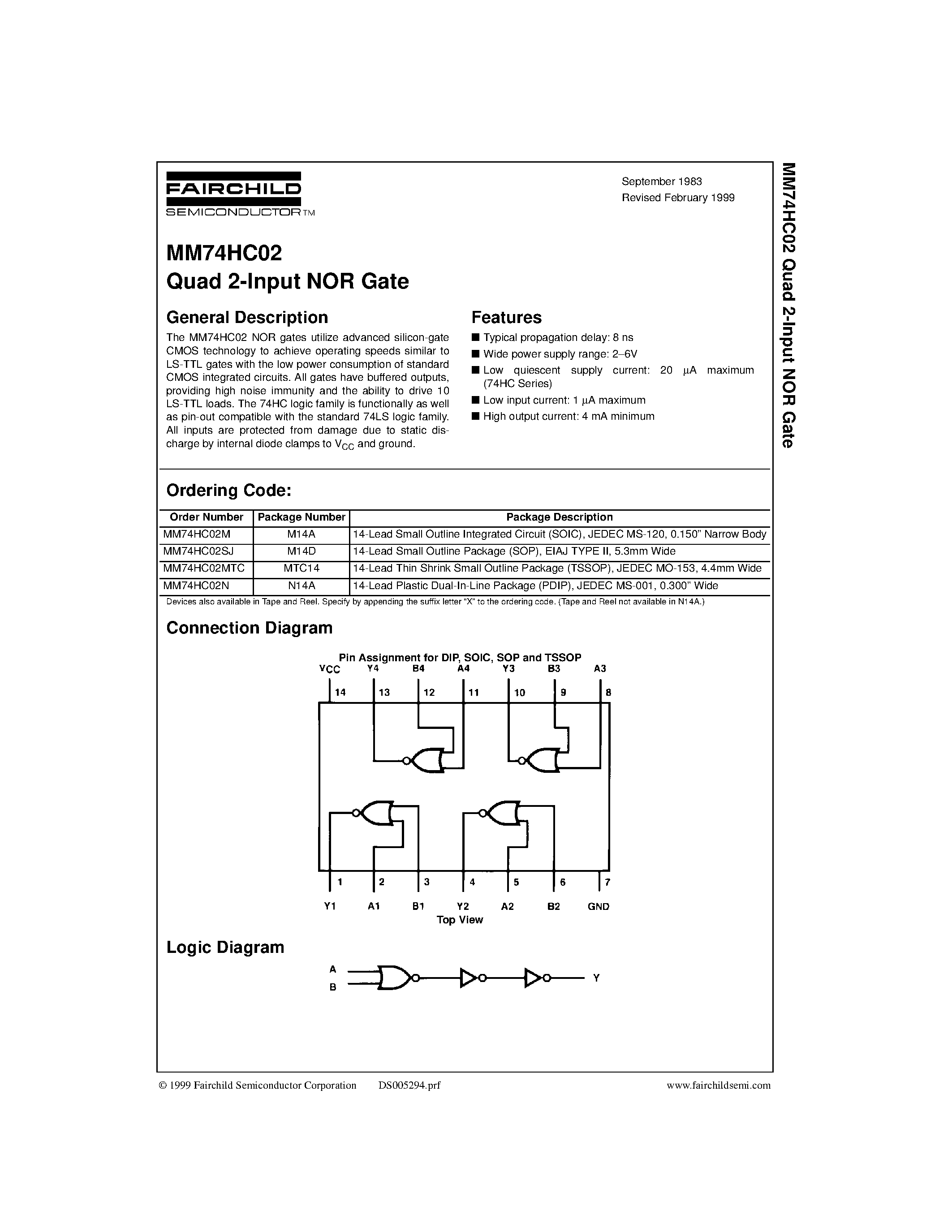 Datasheet MM74HC02SJ - Quad 2-Input NOR Gate page 1