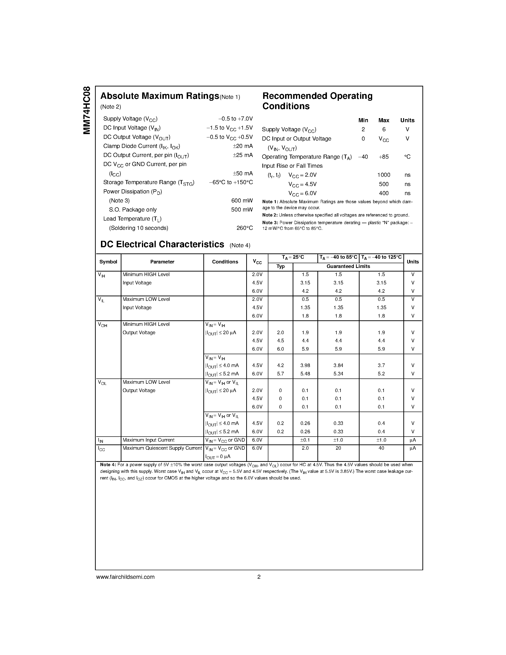 Даташит на микросхему MM74HC08N страница 2 Даташит MM74HC08N - Quad 2-Input AND Gate страница 2