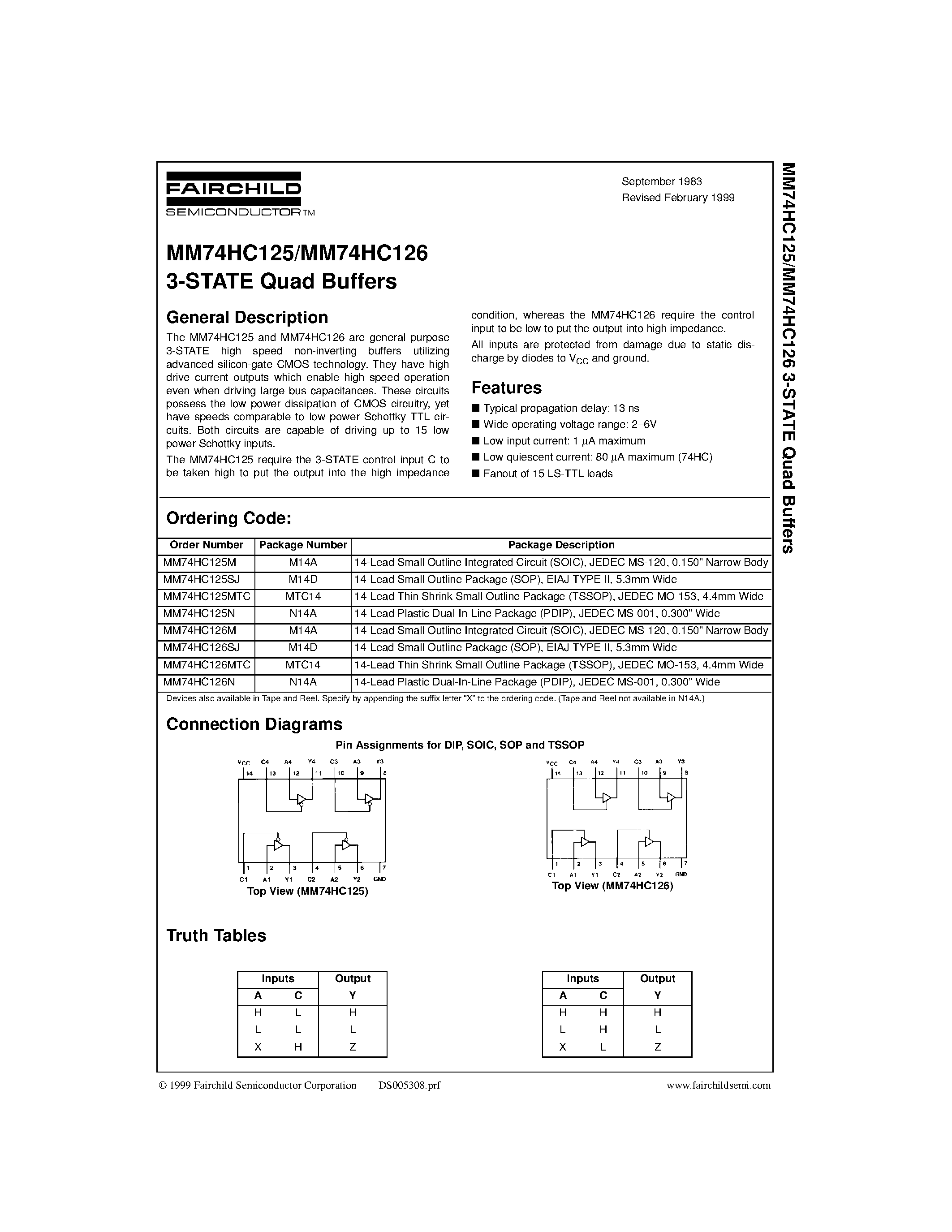 Даташит MM74HC125MX - 3-STATE Quad Buffers страница 1