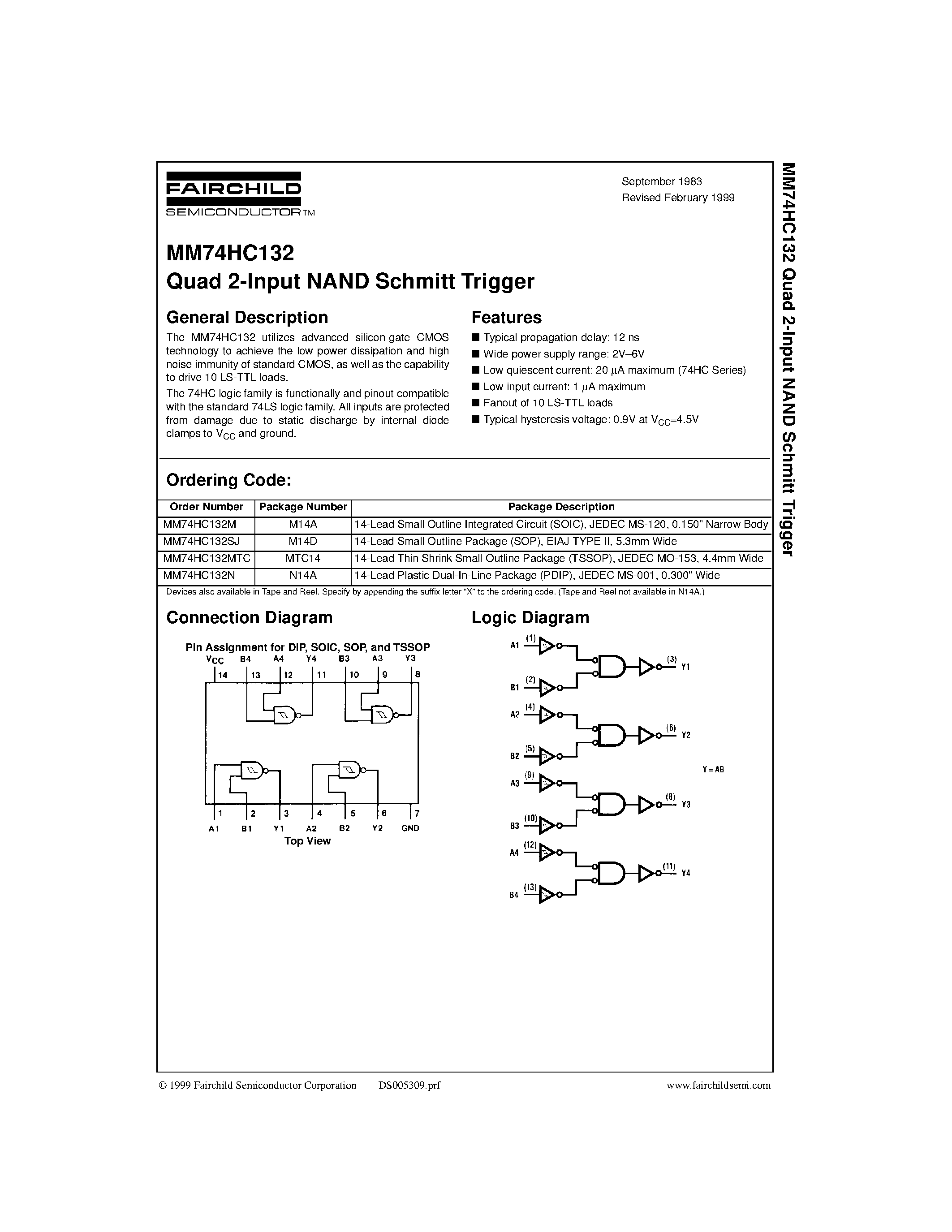 Даташит на микросхему MM74HC132 страница 1 Даташит MM74HC132 - Quad 2-Input NAND Schmitt Trigger страница 1