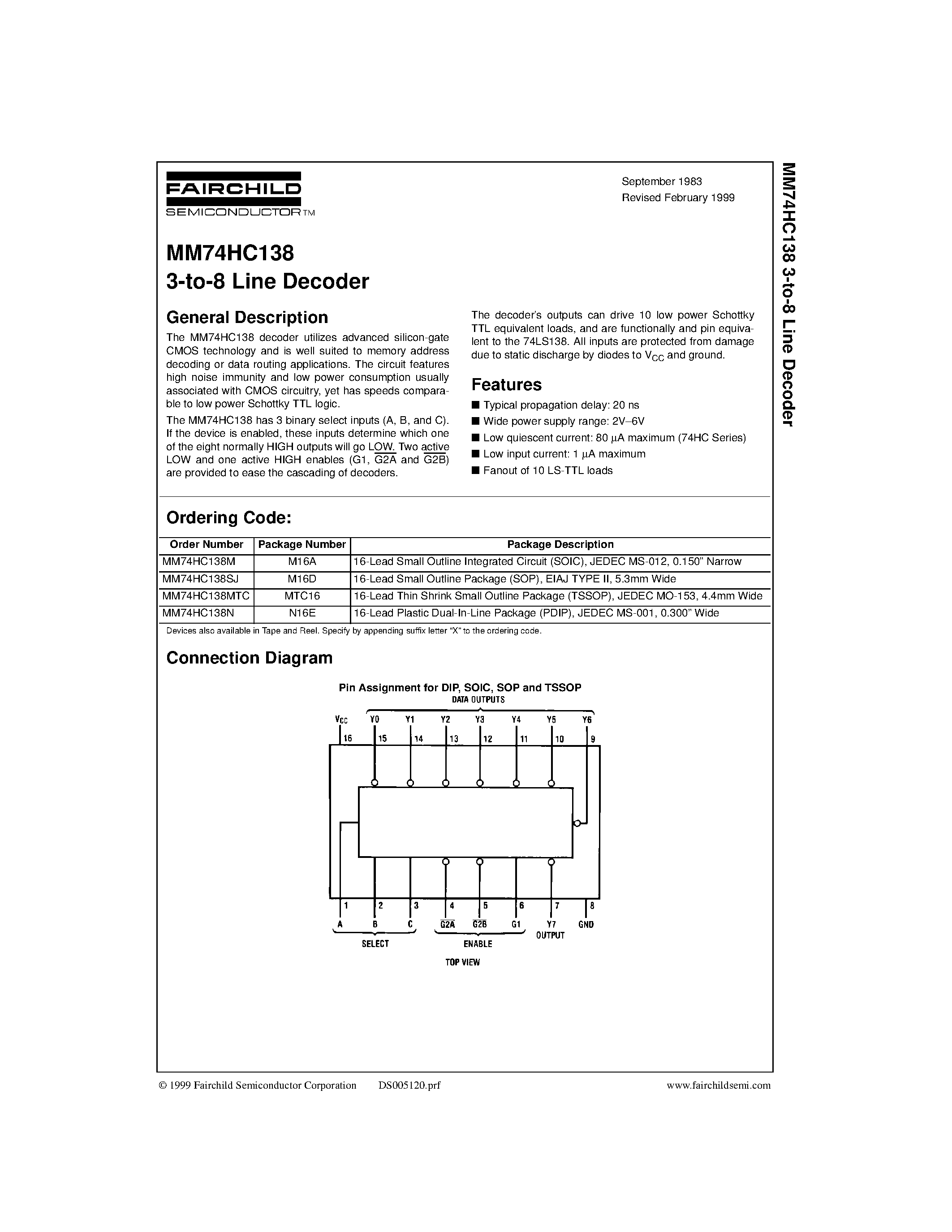 Даташит MM74HC138M - 3-to-8 Line Decoder страница 1