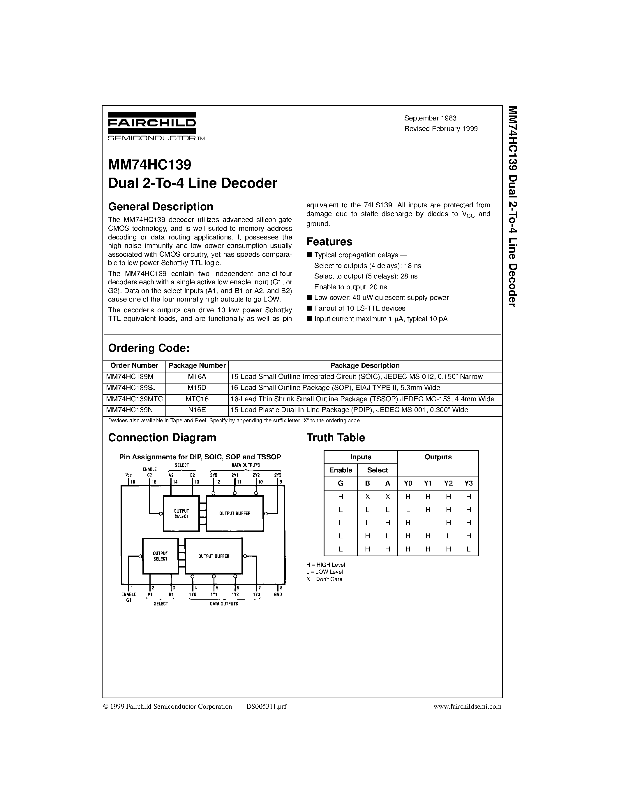 Datasheet MM74HC139 - Dual 2-To-4 Line Decoder page 1