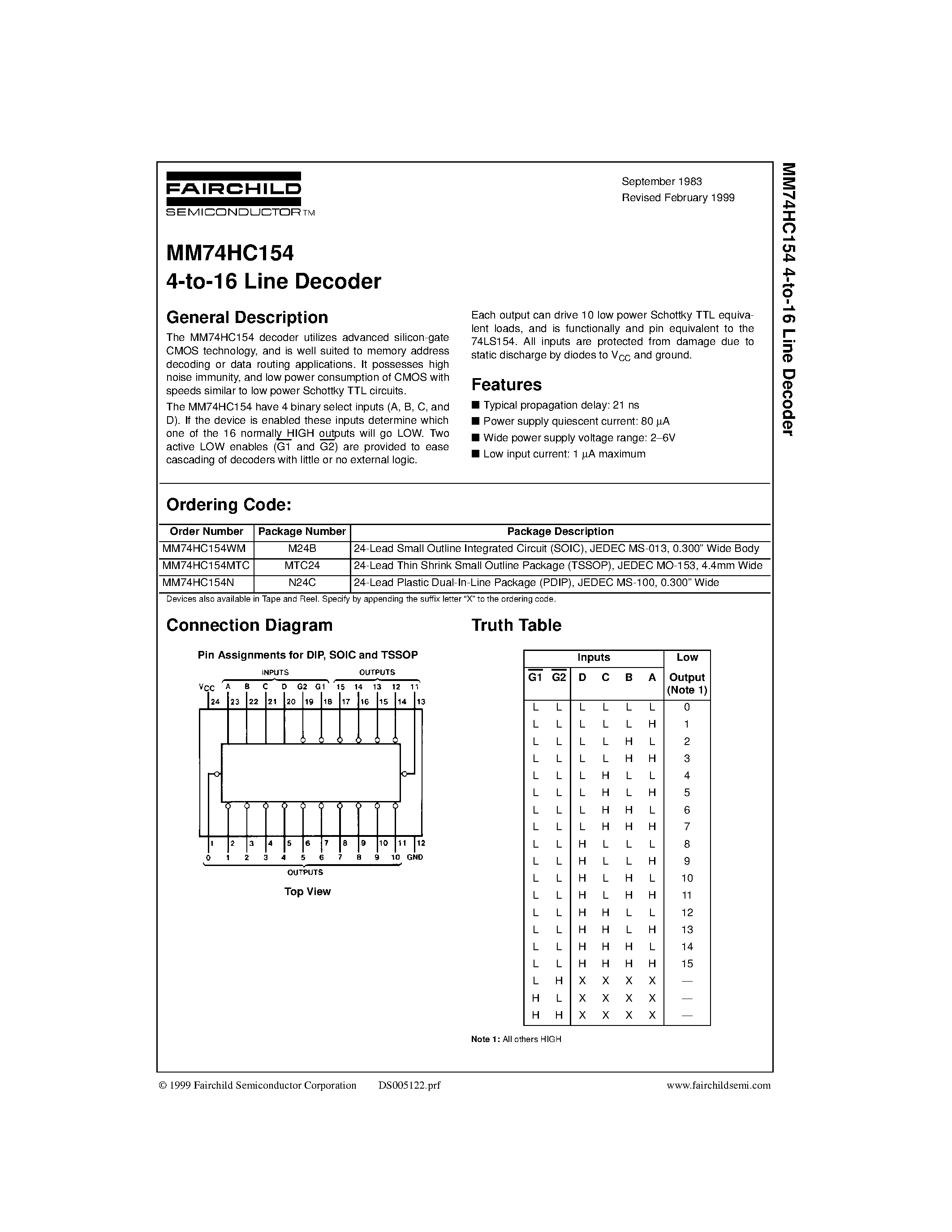 Datasheet MM74HC154N - 4-to-16 Line Decoder page 1