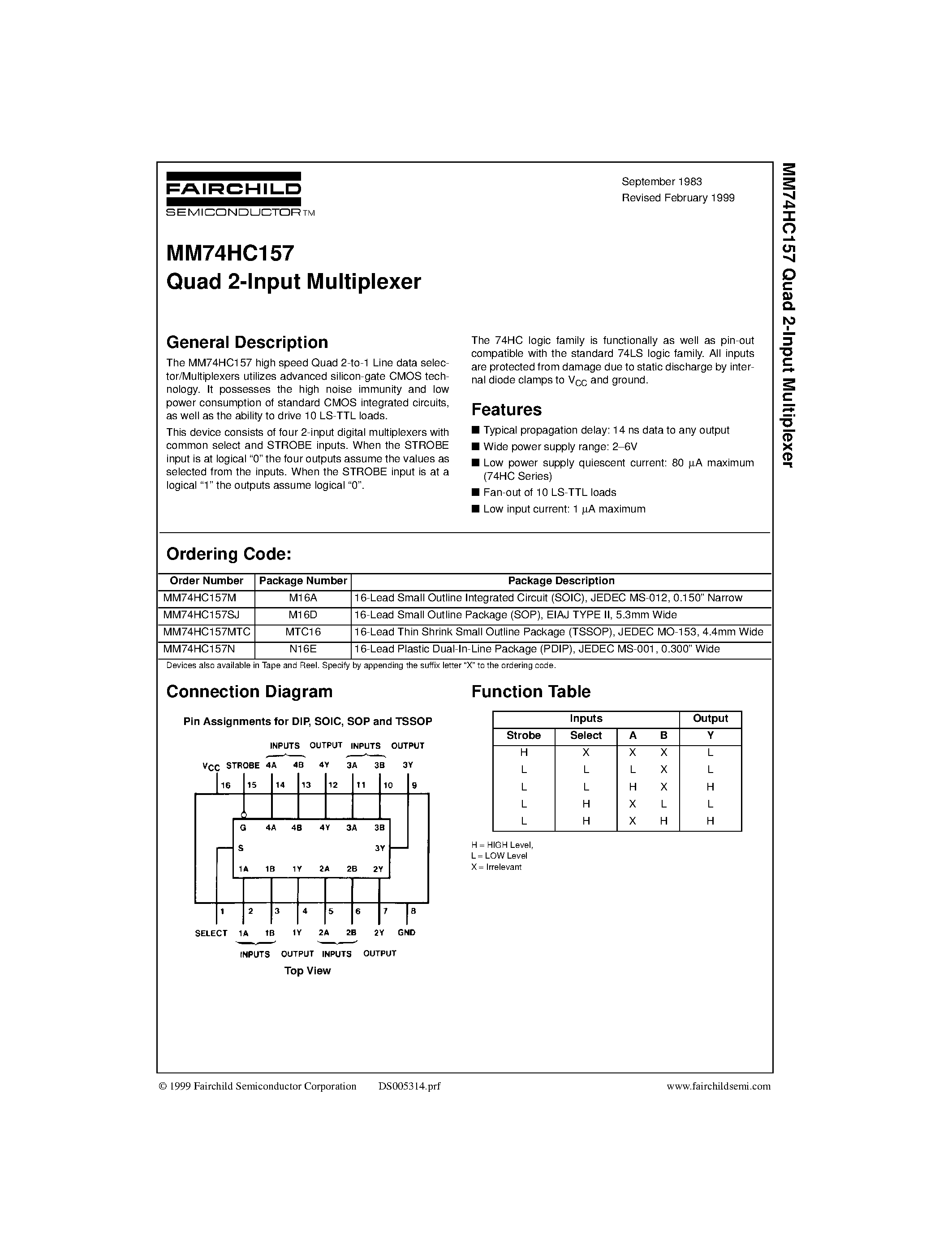 Даташит на микросхему MM74HC157 страница 1 Даташит MM74HC157 - Quad 2-Input Multiplexer страница 1