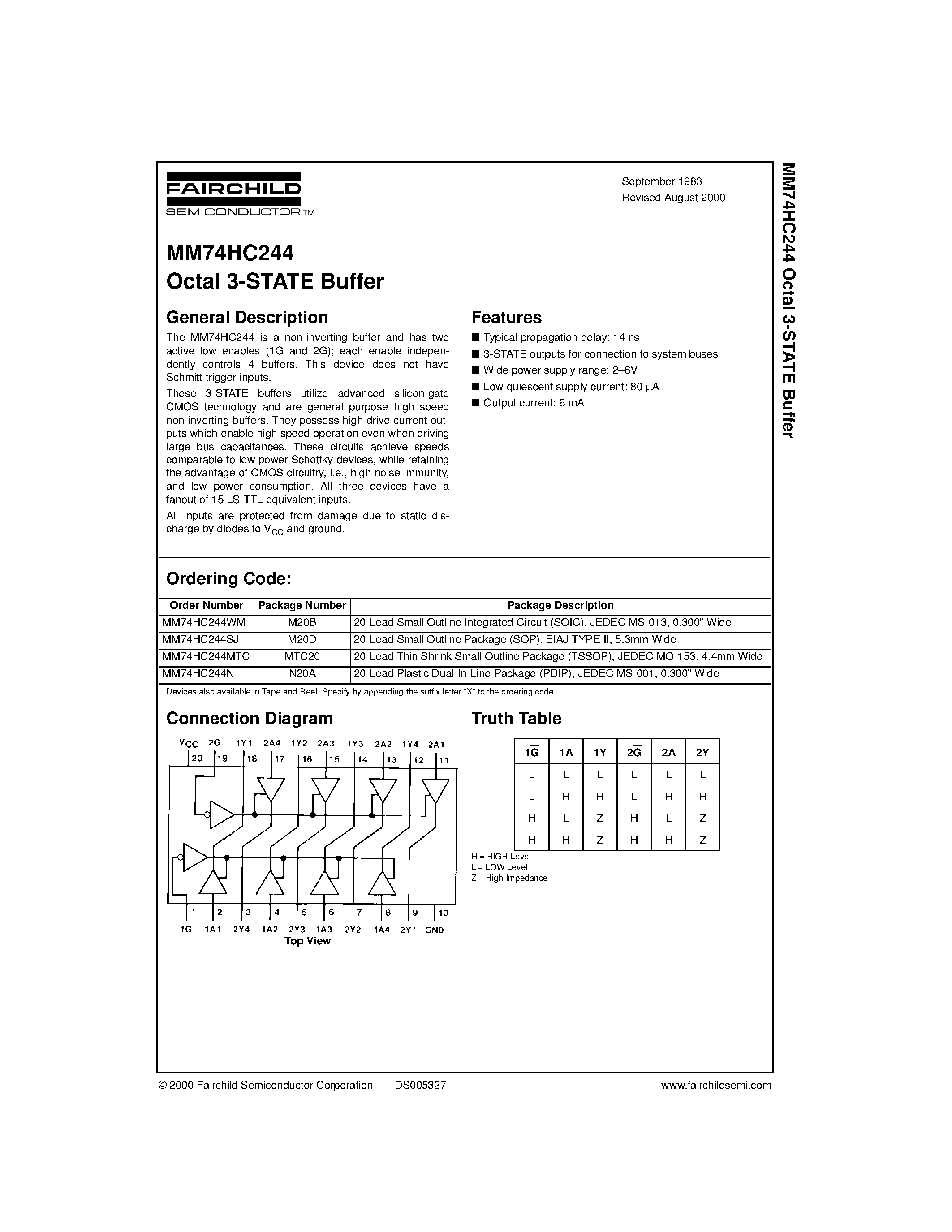 Даташит MM74HC244N - Octal 3-STATE Buffer страница 1