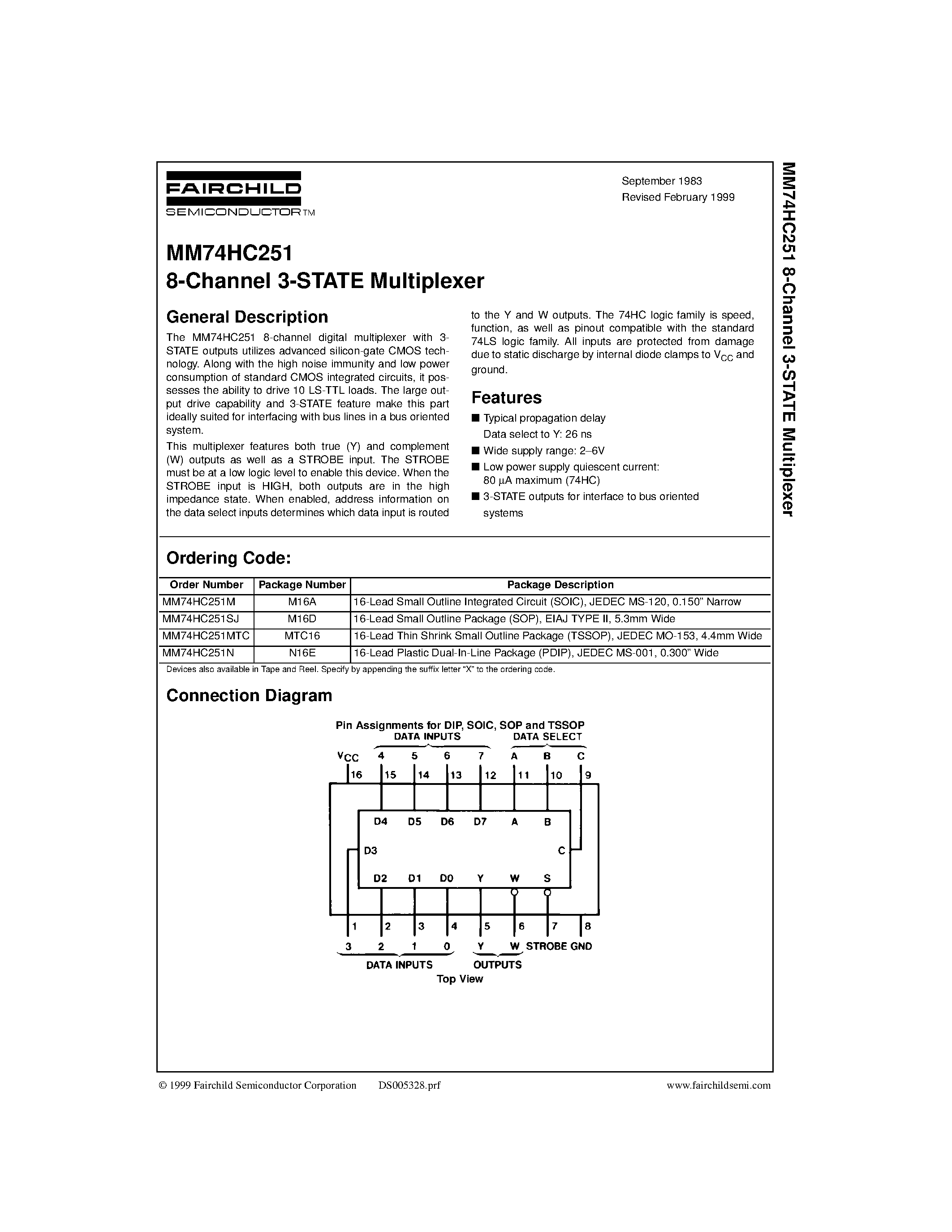 Datasheet MM74HC251SJ - 8-Channel 3-STATE Multiplexer page 1