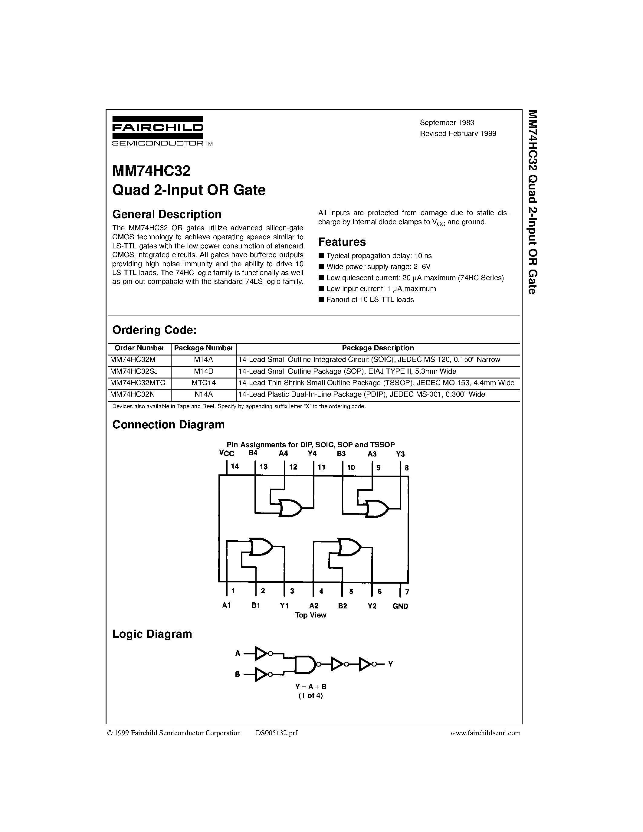 Datasheet MM74HC32MTC - Quad 2-Input OR Gate page 1