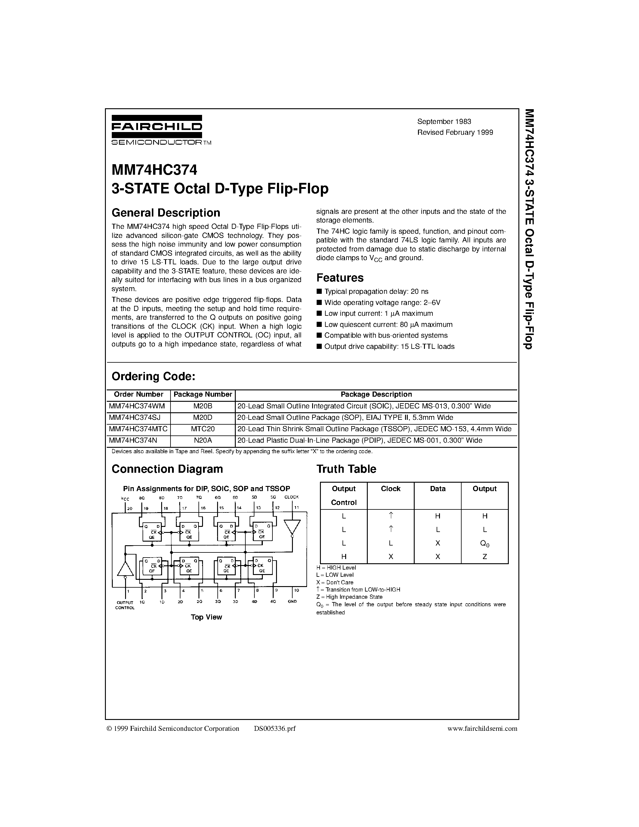 Datasheet MM74HC374 - 3-STATE Octal D-Type Flip-Flop page 1
