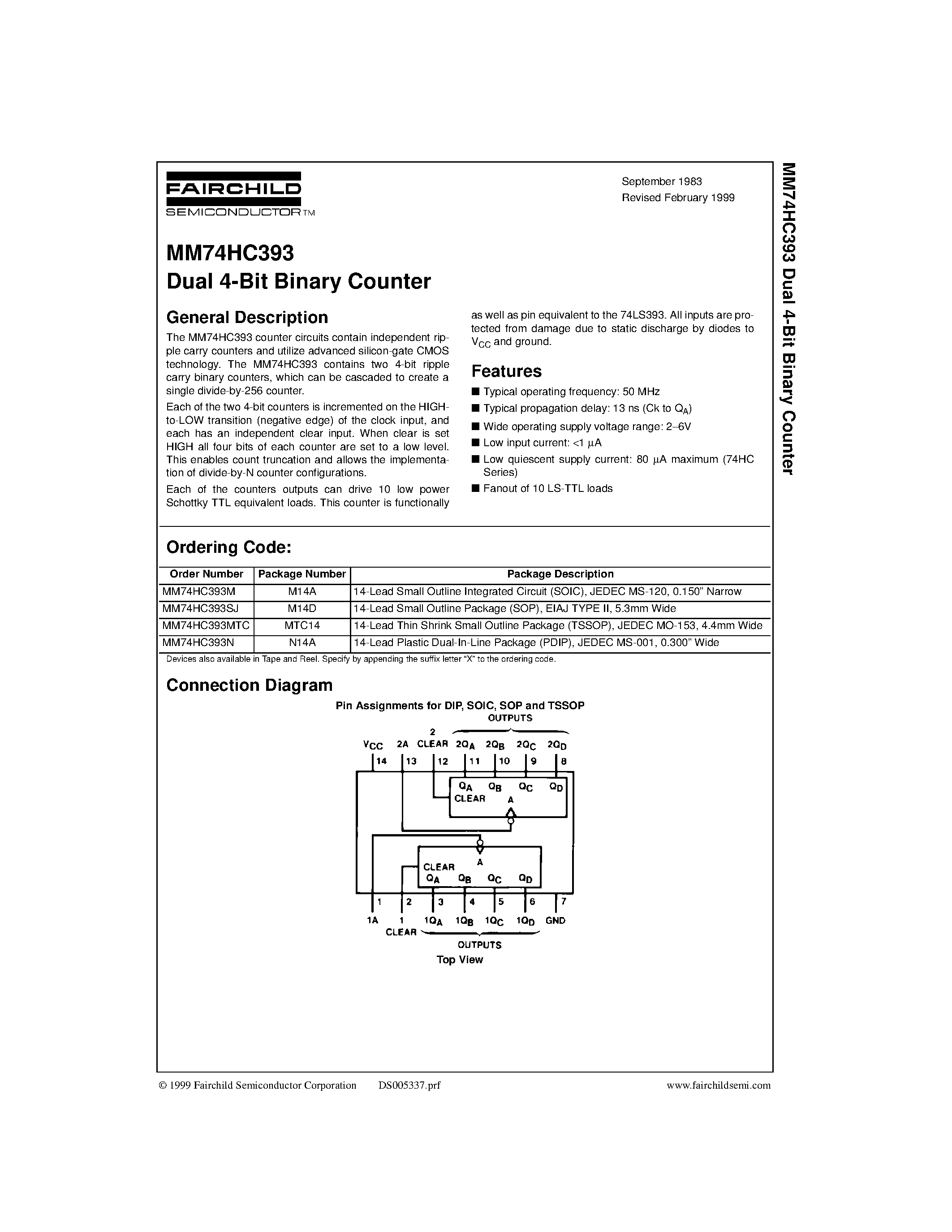 Datasheet MM74HC393M - Dual 4-Bit Binary Counter page 1